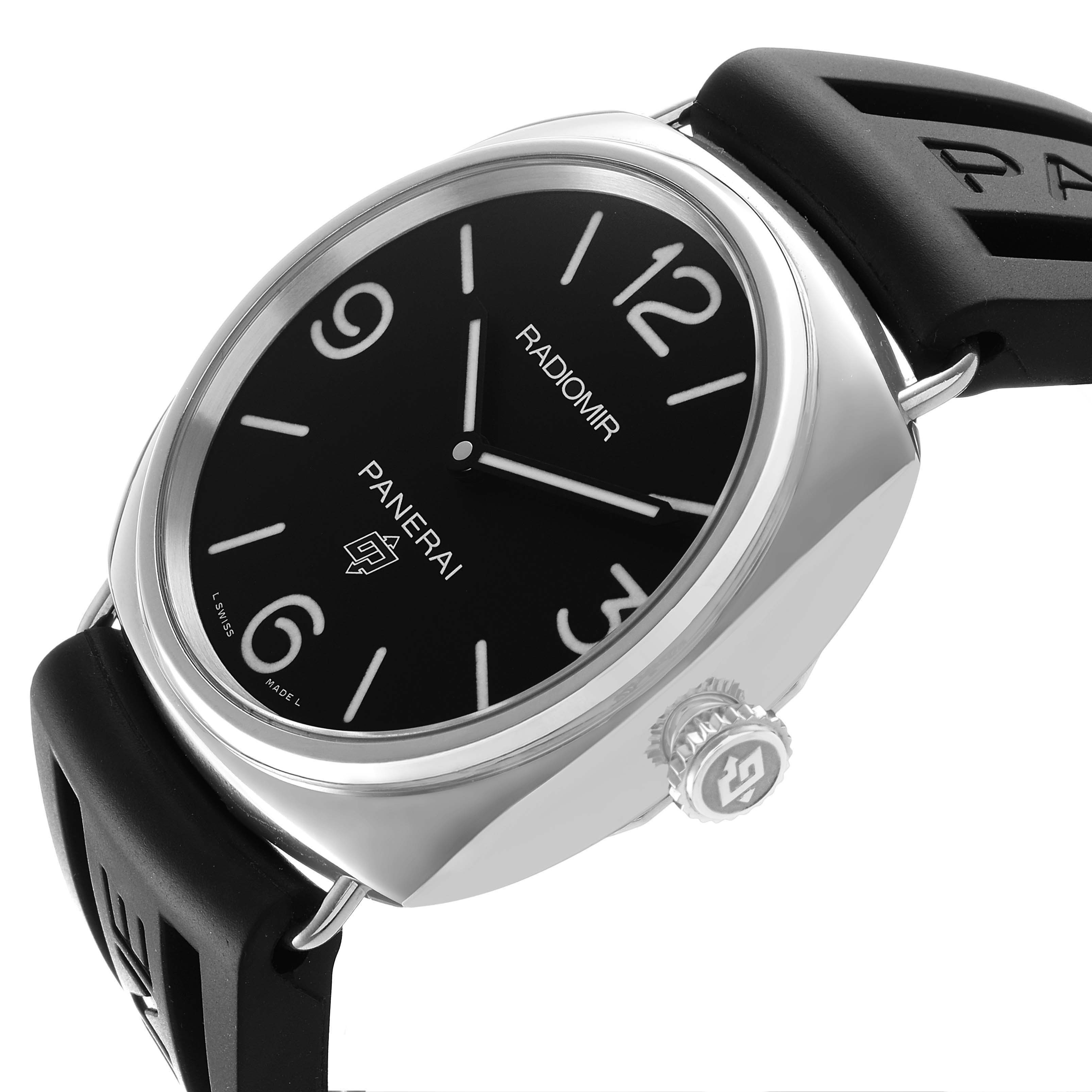 The Panerai Radiomir PAM00753 Men's Stainless Steel Black Dial watch is shown from a three-quarter angle highlighting its dial, crown, and black strap.