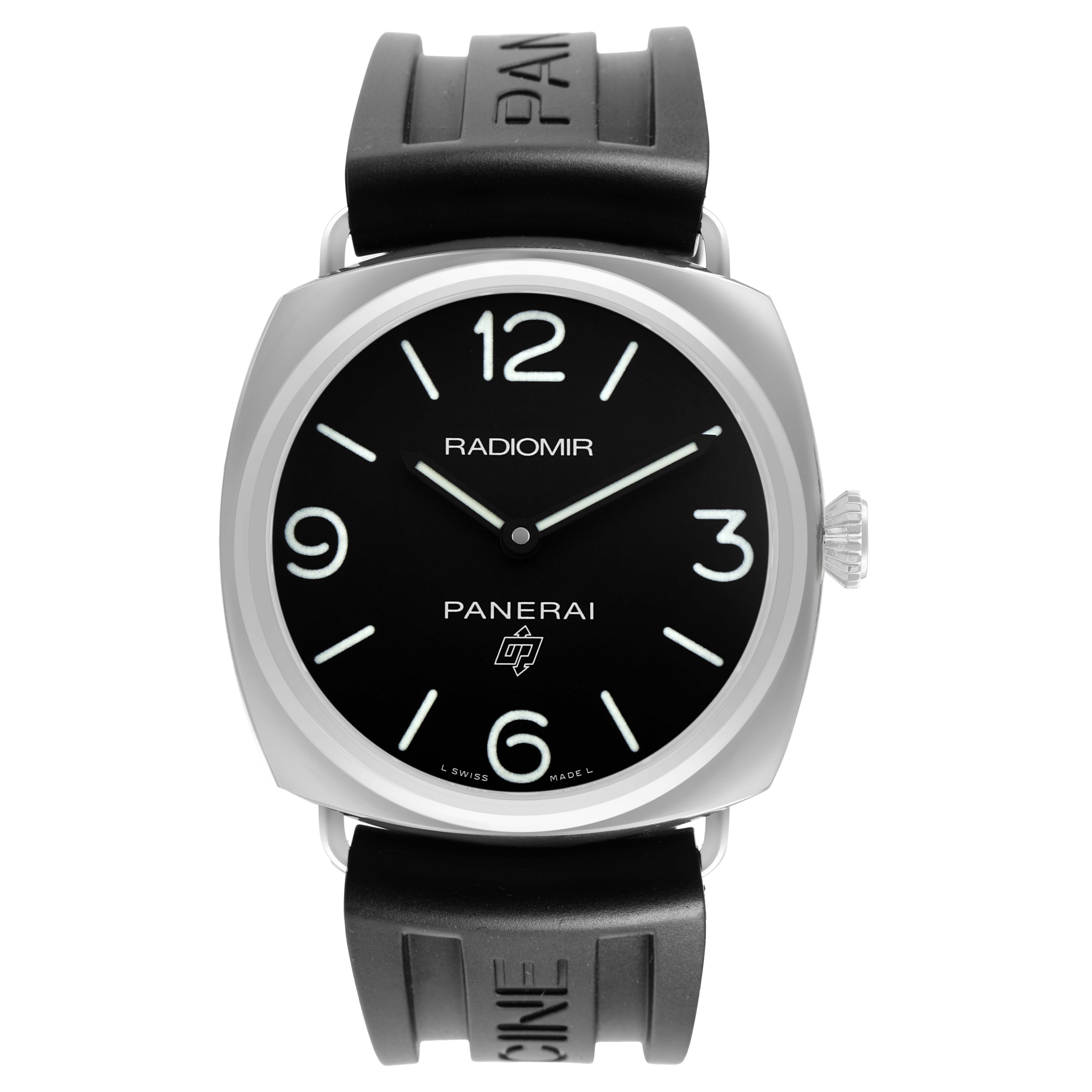 The Panerai Radiomir PAM00753 Men's Stainless Steel Black Dial watch is shown from a top view, highlighting its black dial, silver case, and black rubber strap.