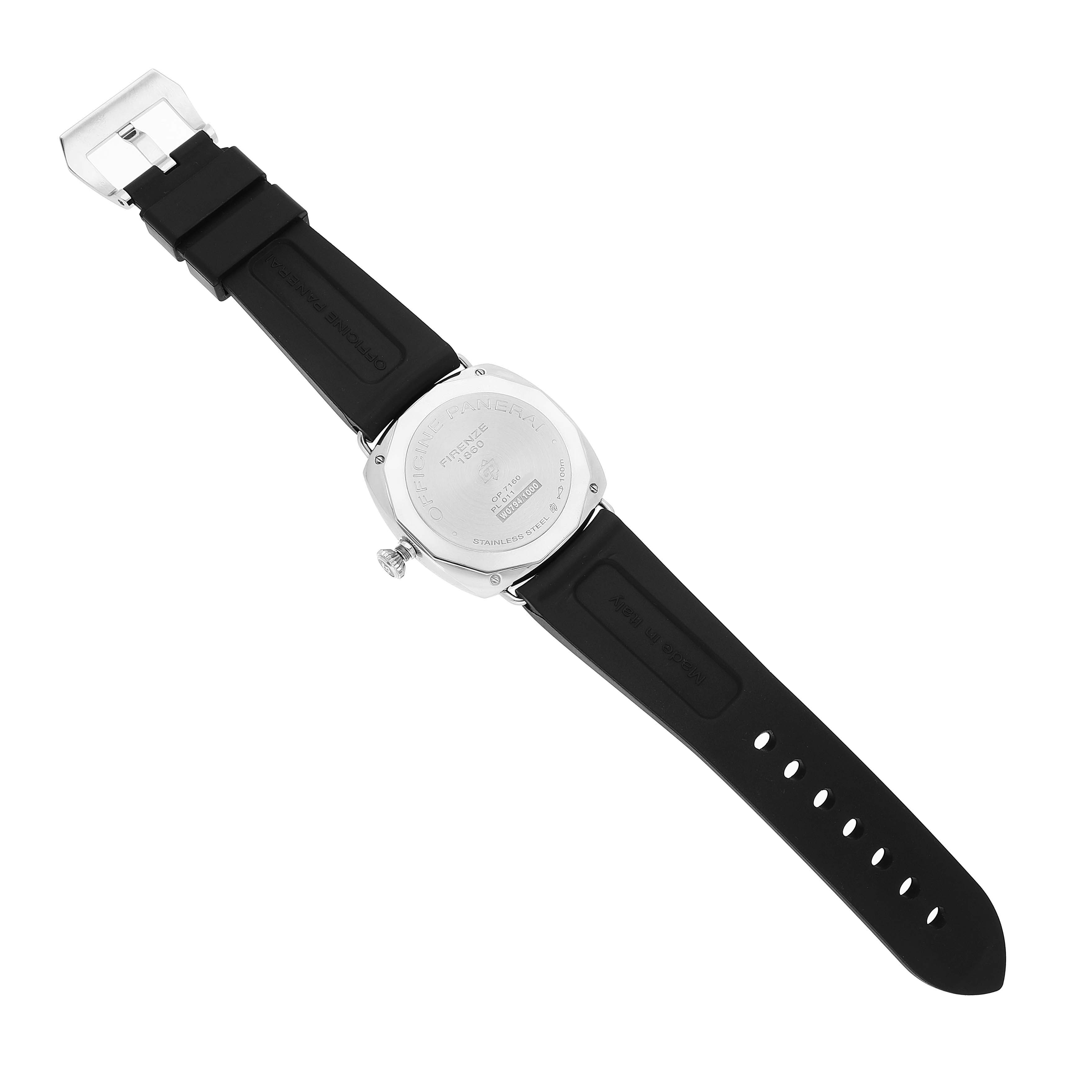 The image shows the back of the Panerai Radiomir PAM00753 Men's Stainless Steel Black Dial watch, including its case back, crown, and strap.