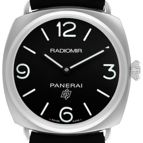 The Panerai Radiomir PAM00753 Men's Stainless Steel Black Dial watch is shown front-facing, highlighting the dial, numerals, hands, and crown.