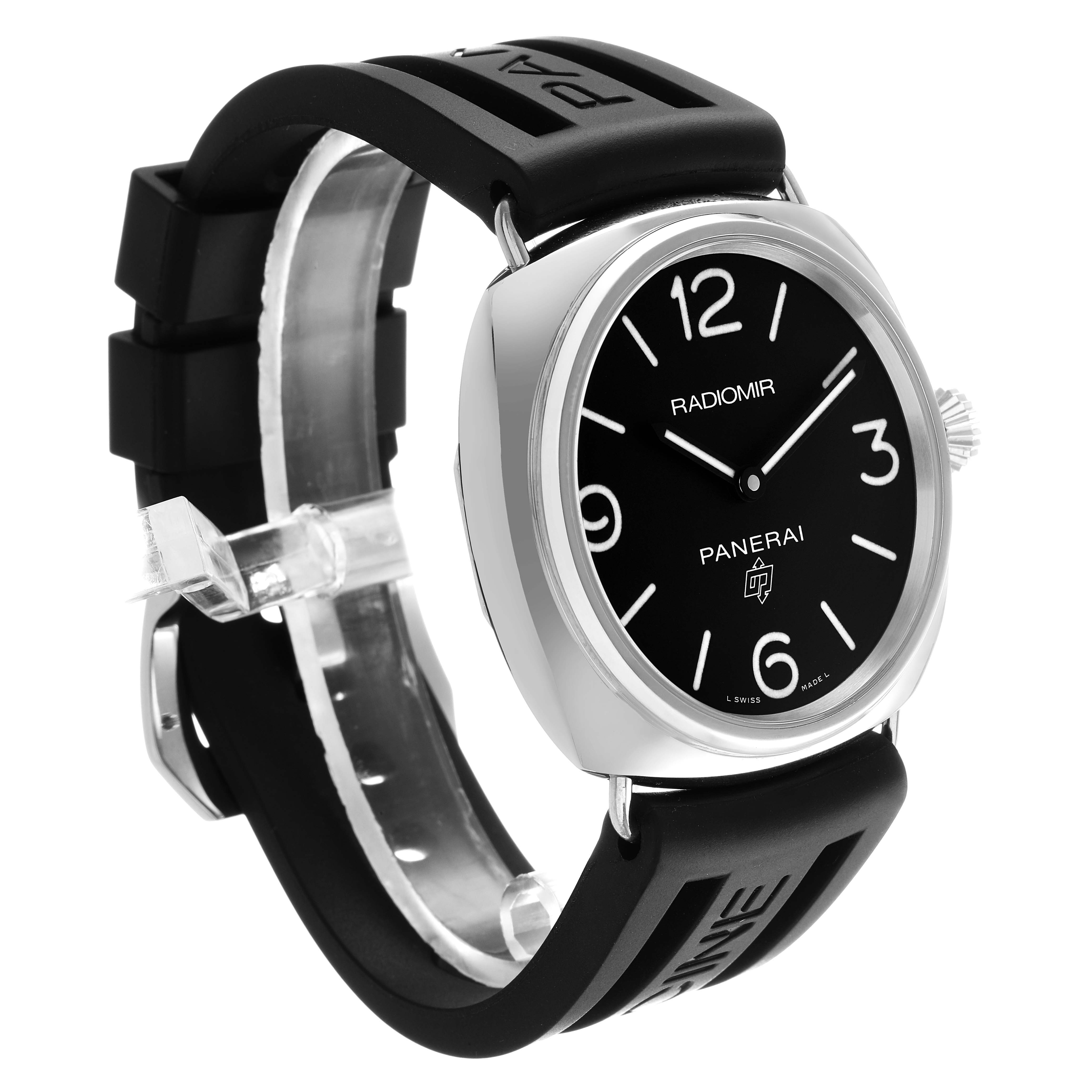 The Panerai Radiomir PAM00753 Men's Stainless Steel Black Dial watch is shown at a three-quarter angle, highlighting the face and crown with a black rubber strap.