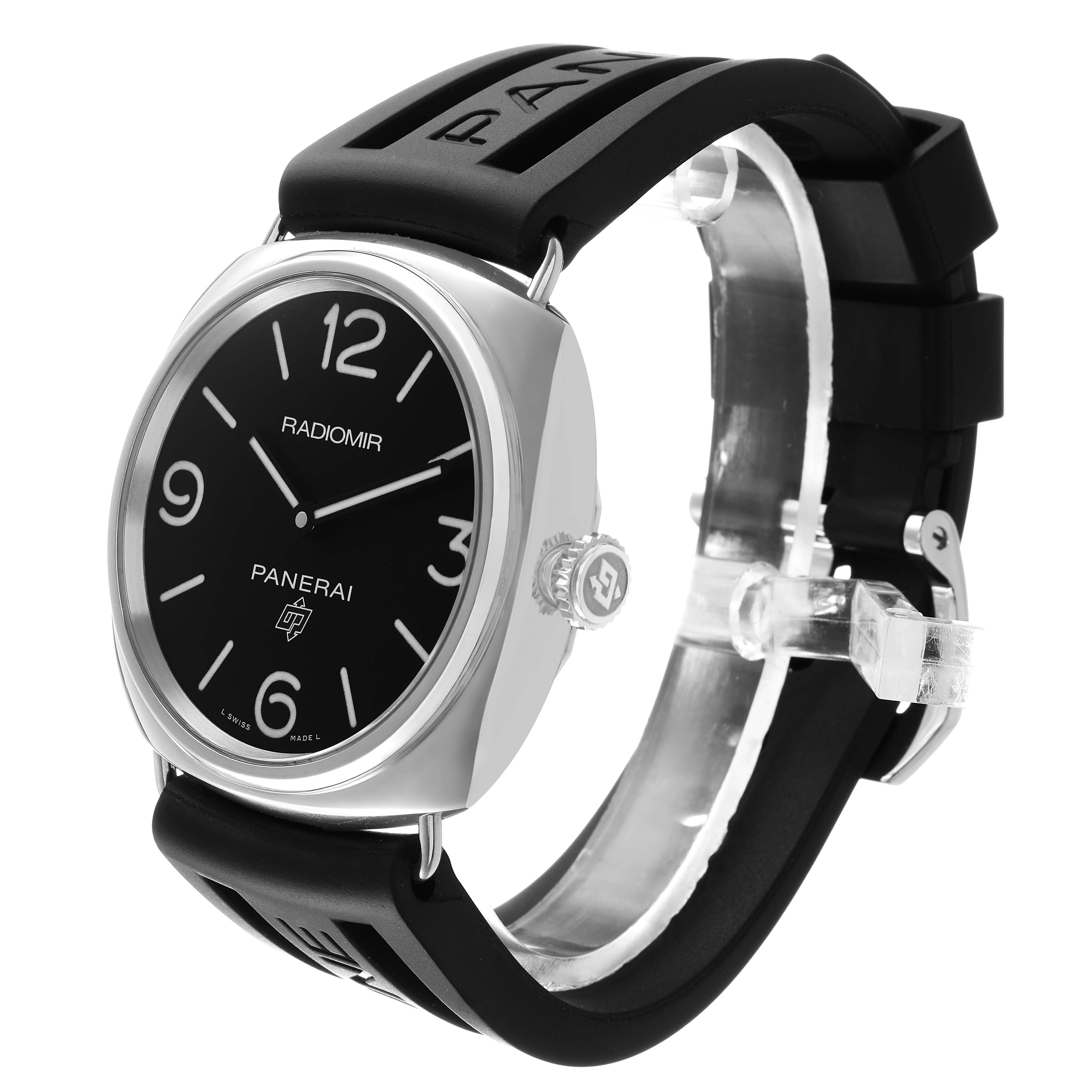 The Panerai Radiomir PAM00753 Men's Stainless Steel Black Dial watch is shown at a three-quarter angle, displaying the face, crown, and rubber strap.