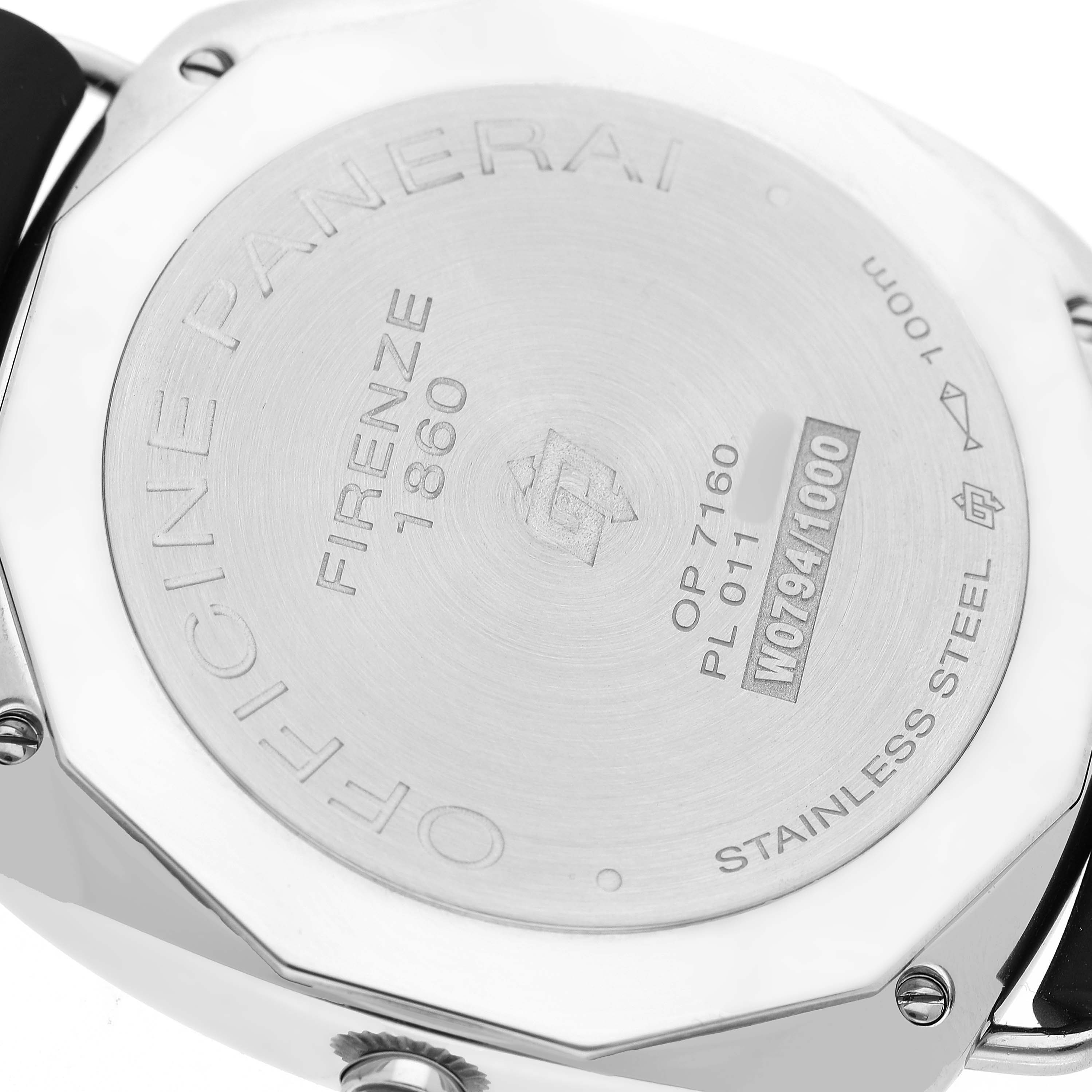 The image shows the back of a Panerai Radiomir PAM00753 Men's Stainless Steel Black Dial watch, highlighting its stainless steel case and engraved details.