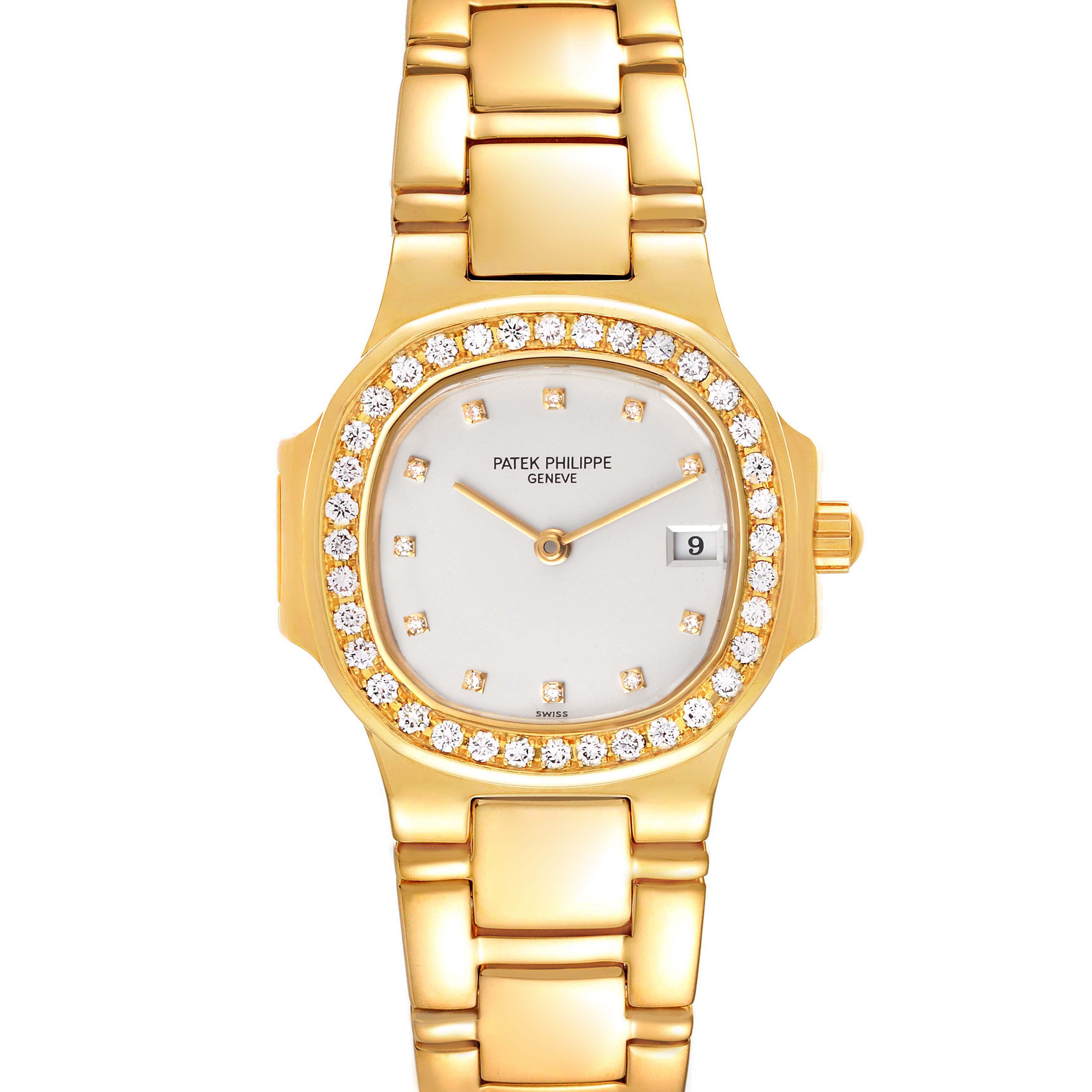 This image shows a frontal view of a Patek Philippe Nautilus 4700/530 Women's Yellow Gold Beige Dial 4700/530 Women's Yellow Gold Beige Dial model watch, featuring a gold bracelet and diamond-set bezel.