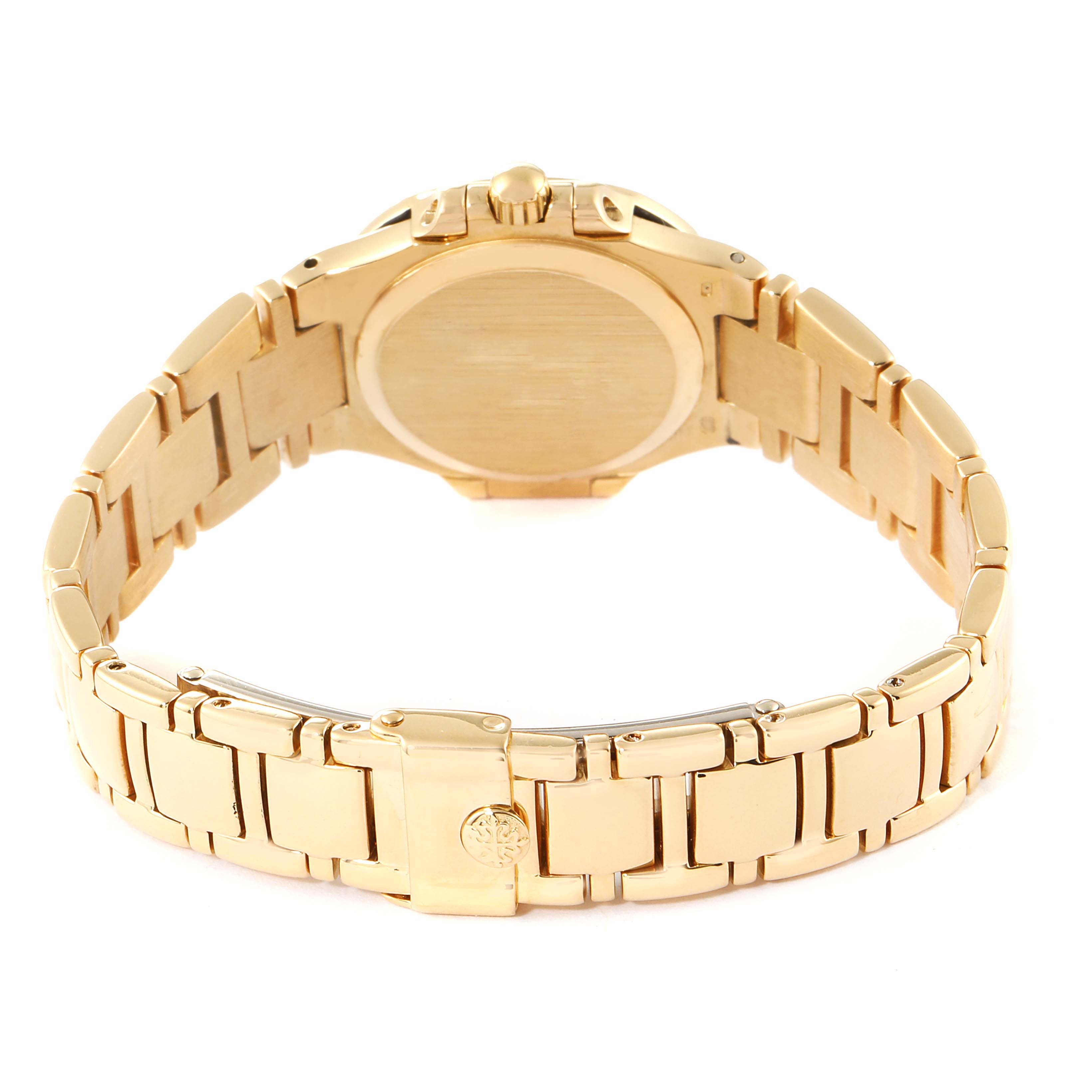 The image shows the back view of a Patek Philippe Nautilus 4700/530 Women's Yellow Gold Beige Dial 4700/530 Women's Yellow Gold Beige Dial watch, highlighting its bracelet and case back.
