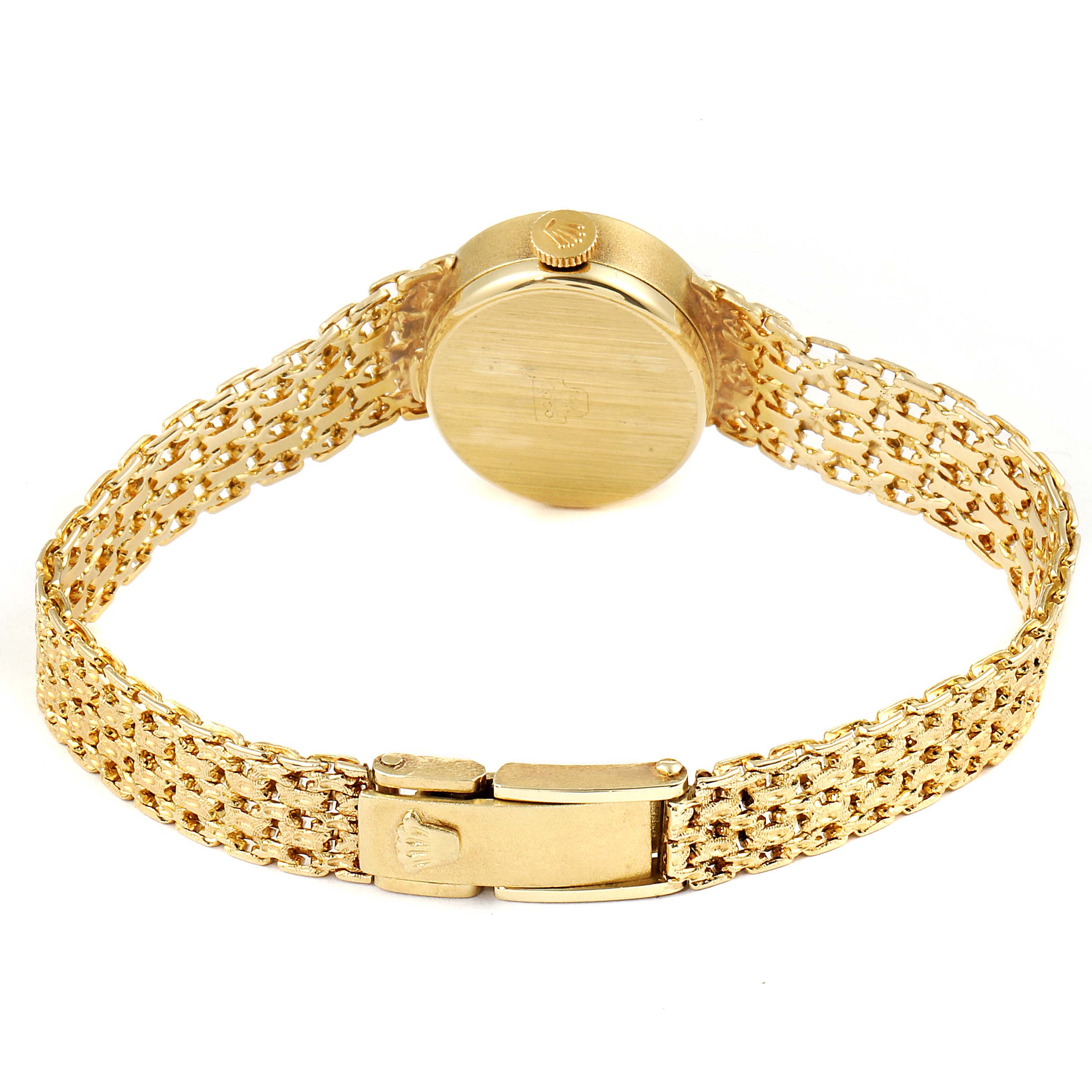 This image shows the back case and clasp of a Rolex Cocktail  Women's Yellow Gold Champagne Dial  Women's Yellow Gold Champagne Dial model watch at an angle from the rear.