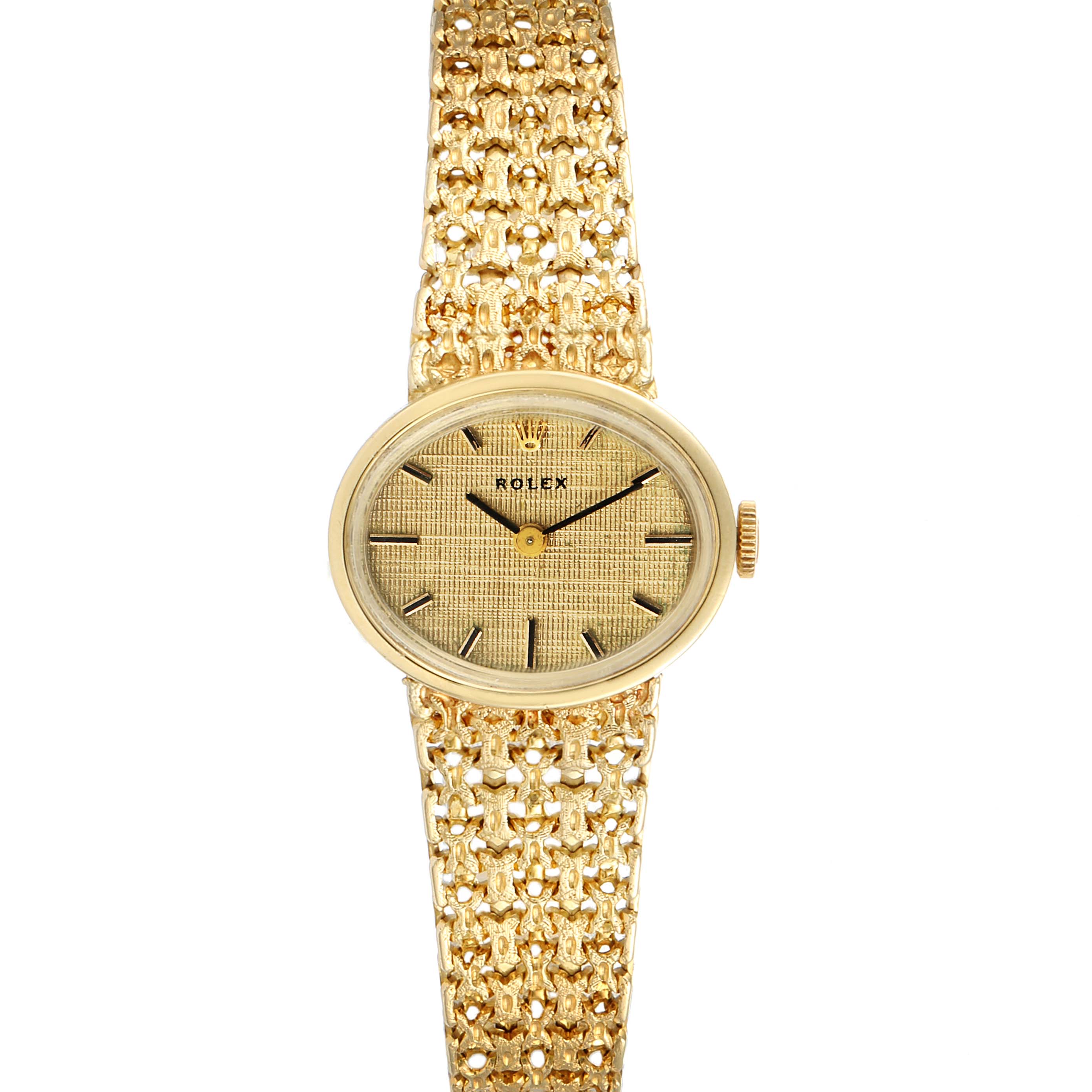 The image shows a front view of a Rolex Cocktail  Women's Yellow Gold Champagne Dial  Women's Yellow Gold Champagne Dial model watch with a gold woven bracelet and gold dial.