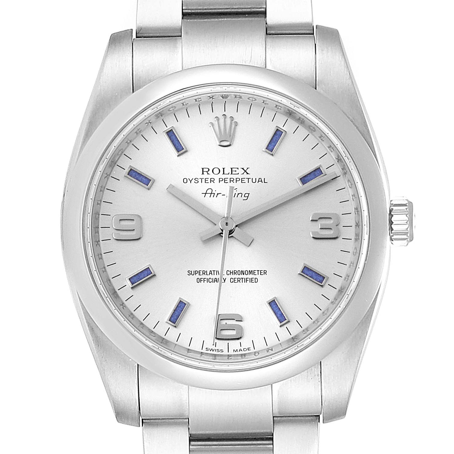 The image shows a front view of the Rolex Air-King 114200 Men's Stainless Steel Silver Dial 114200 Men's Stainless Steel Silver Dial watch, displaying the face, dial, and part of the bracelet.