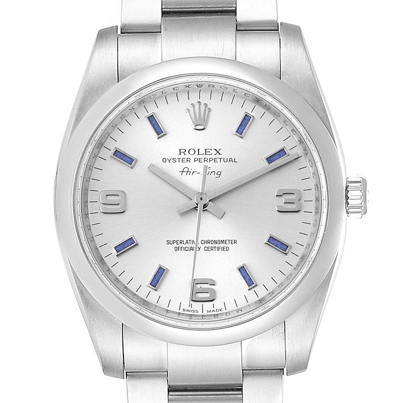Rolex Air King 34 Silver Dial Blue Baton Hour Markers Steel Watch 114200 SwissWatchExpo
