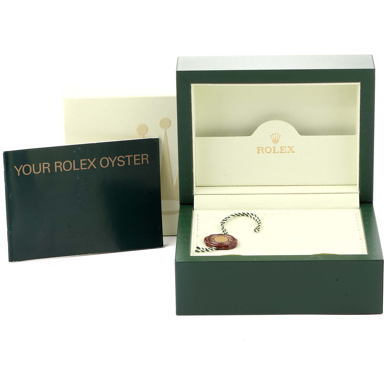 This image shows an open Rolex Air-King 114200 Men's Stainless Steel Silver Dial 114200 Men's Stainless Steel Silver Dial box and an accompanying booklet labeled "Your Rolex Oyster."