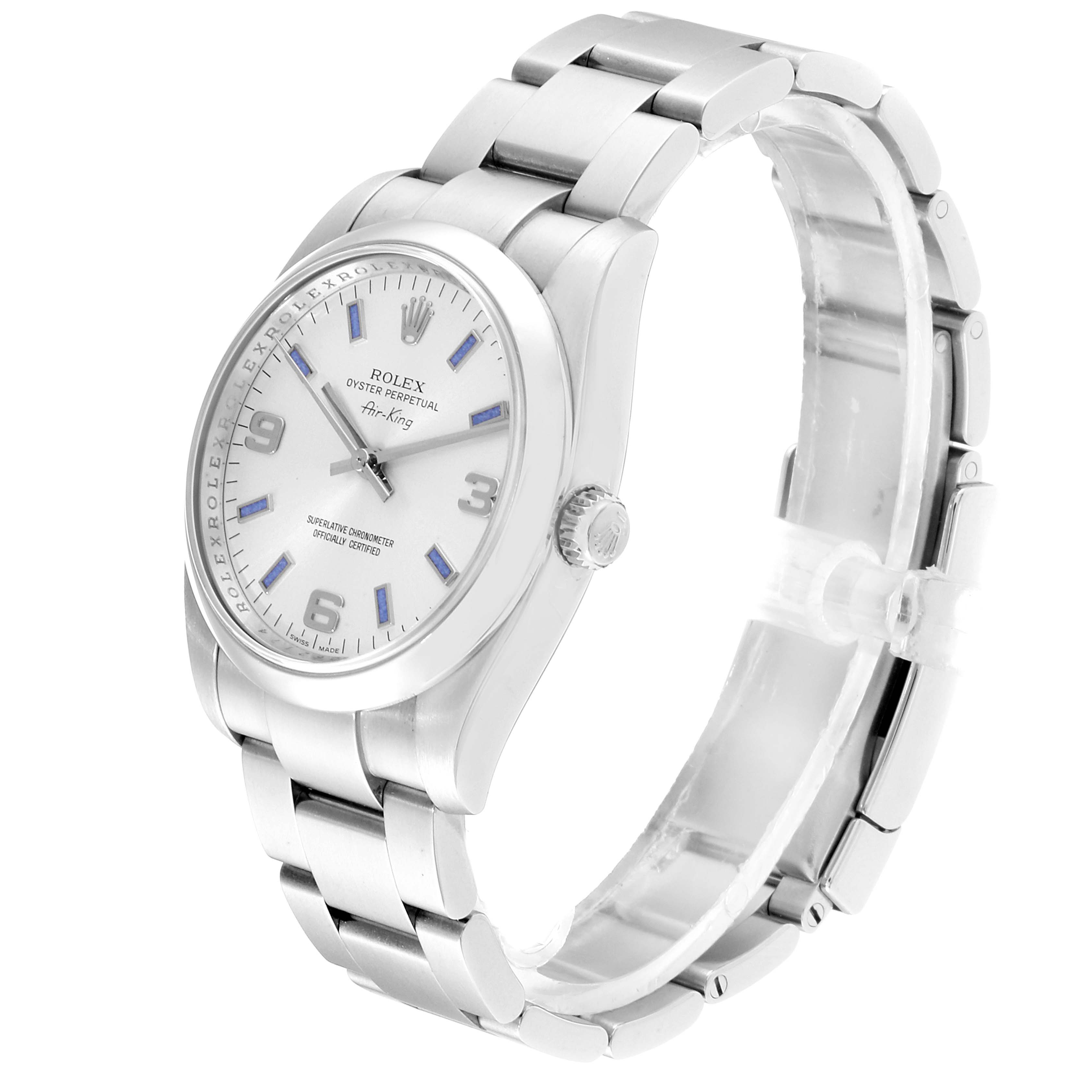 This Rolex Air-King 114200 Men's Stainless Steel Silver Dial 114200 Men's Stainless Steel Silver Dial watch is shown from a side-angle, highlighting the face, crown, and stainless steel bracelet.