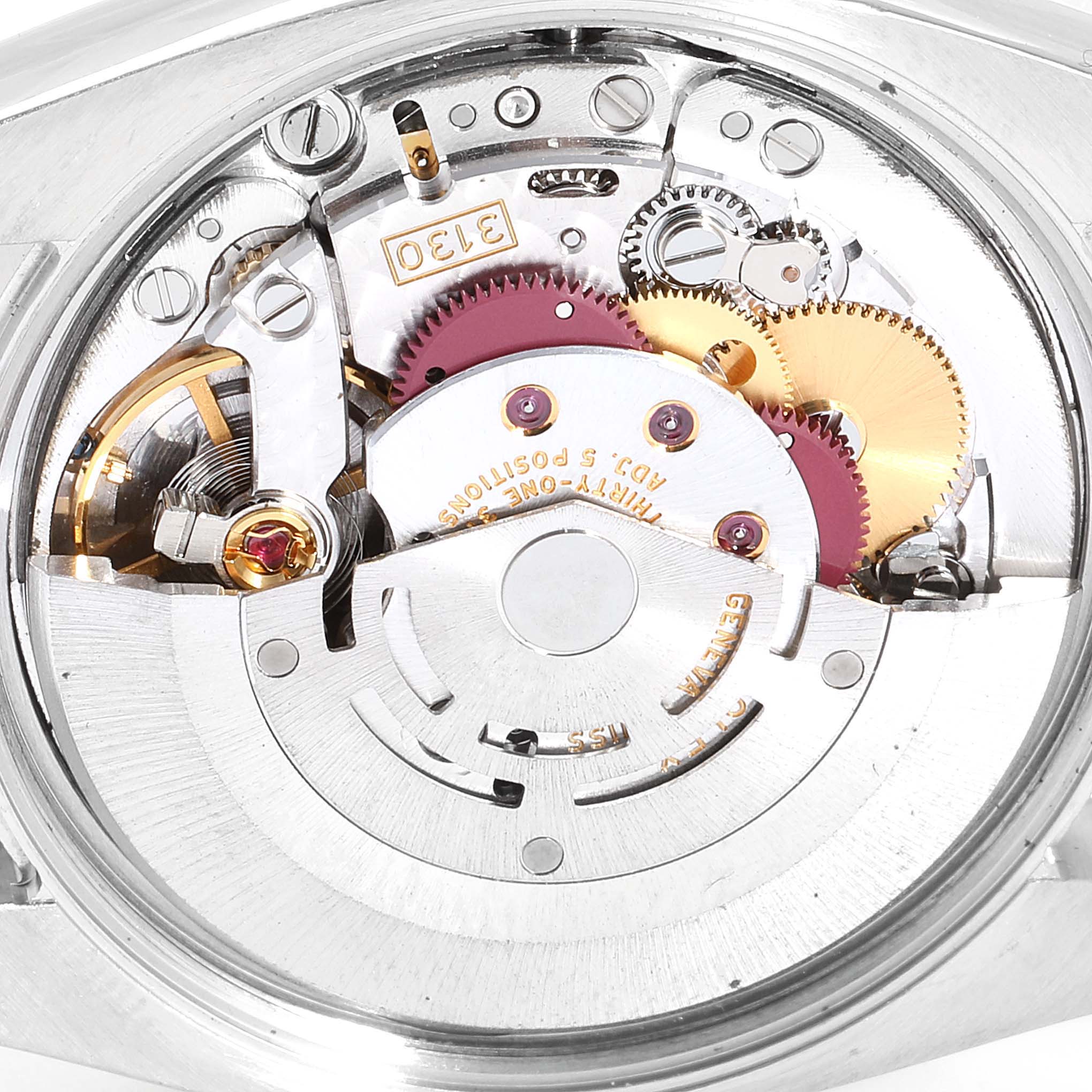 The image shows the internal mechanical movement of a Rolex Air-King 114200 Men's Stainless Steel Silver Dial 114200 Men's Stainless Steel Silver Dial watch, viewed from the back.