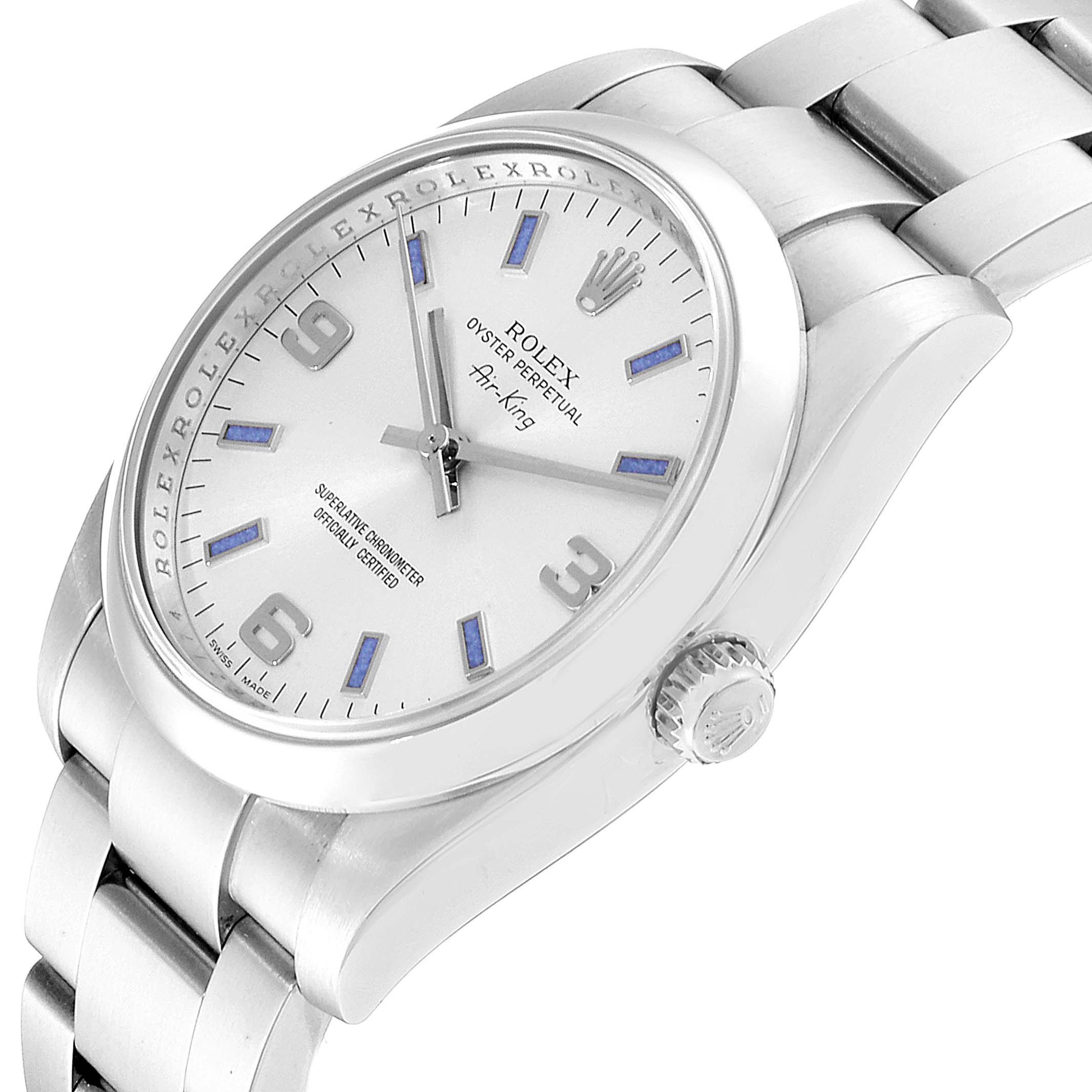 This image shows a Rolex Air-King 114200 Men's Stainless Steel Silver Dial 114200 Men's Stainless Steel Silver Dial watch from a tilted side angle, displaying the dial, bezel, crown, and part of the bracelet.