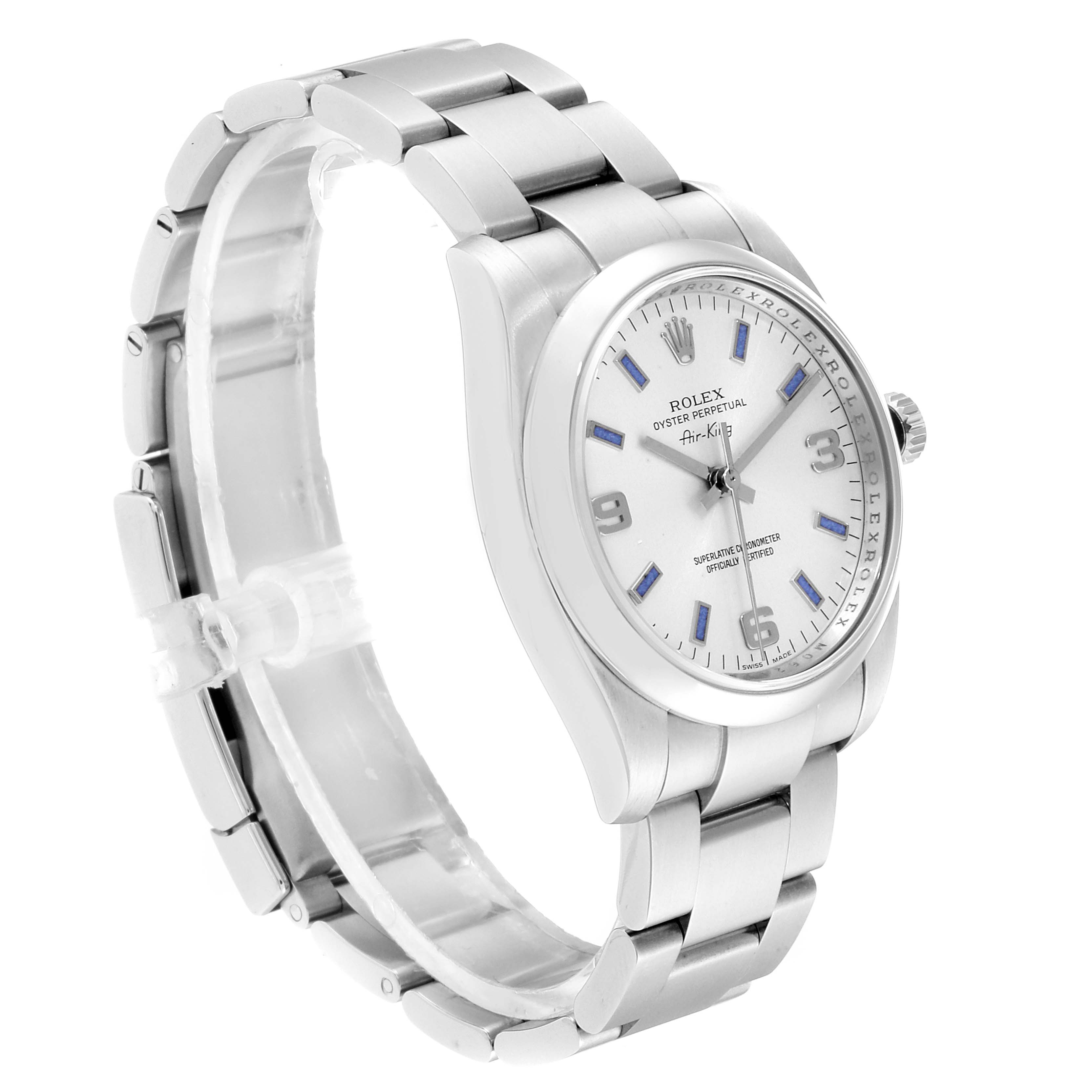 The image shows a silver Rolex Air-King 114200 Men's Stainless Steel Silver Dial 114200 Men's Stainless Steel Silver Dial watch at a side angle, displaying the watch face, bezel, crown, and metal bracelet.