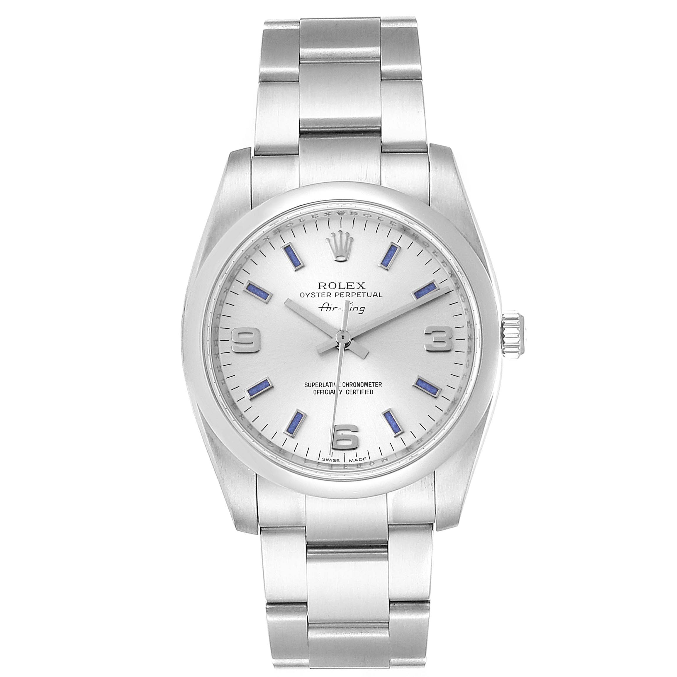 The Rolex Air-King 114200 Men's Stainless Steel Silver Dial 114200 Men's Stainless Steel Silver Dial watch is shown from a front angle, displaying the face, bezel, and bracelet.