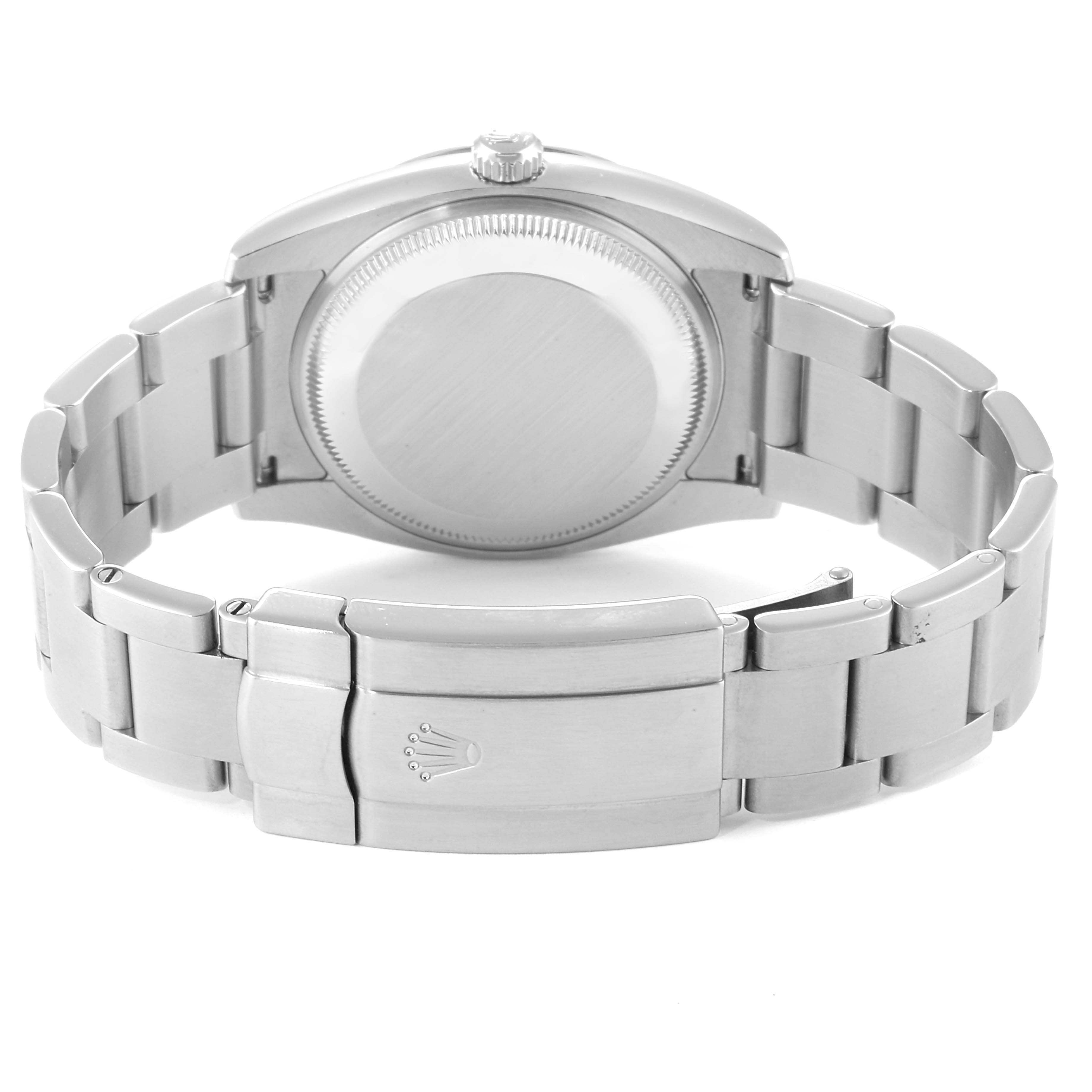 This image shows the back and bracelet clasp of a Rolex Air-King 114200 Men's Stainless Steel Silver Dial 114200 Men's Stainless Steel Silver Dial watch.