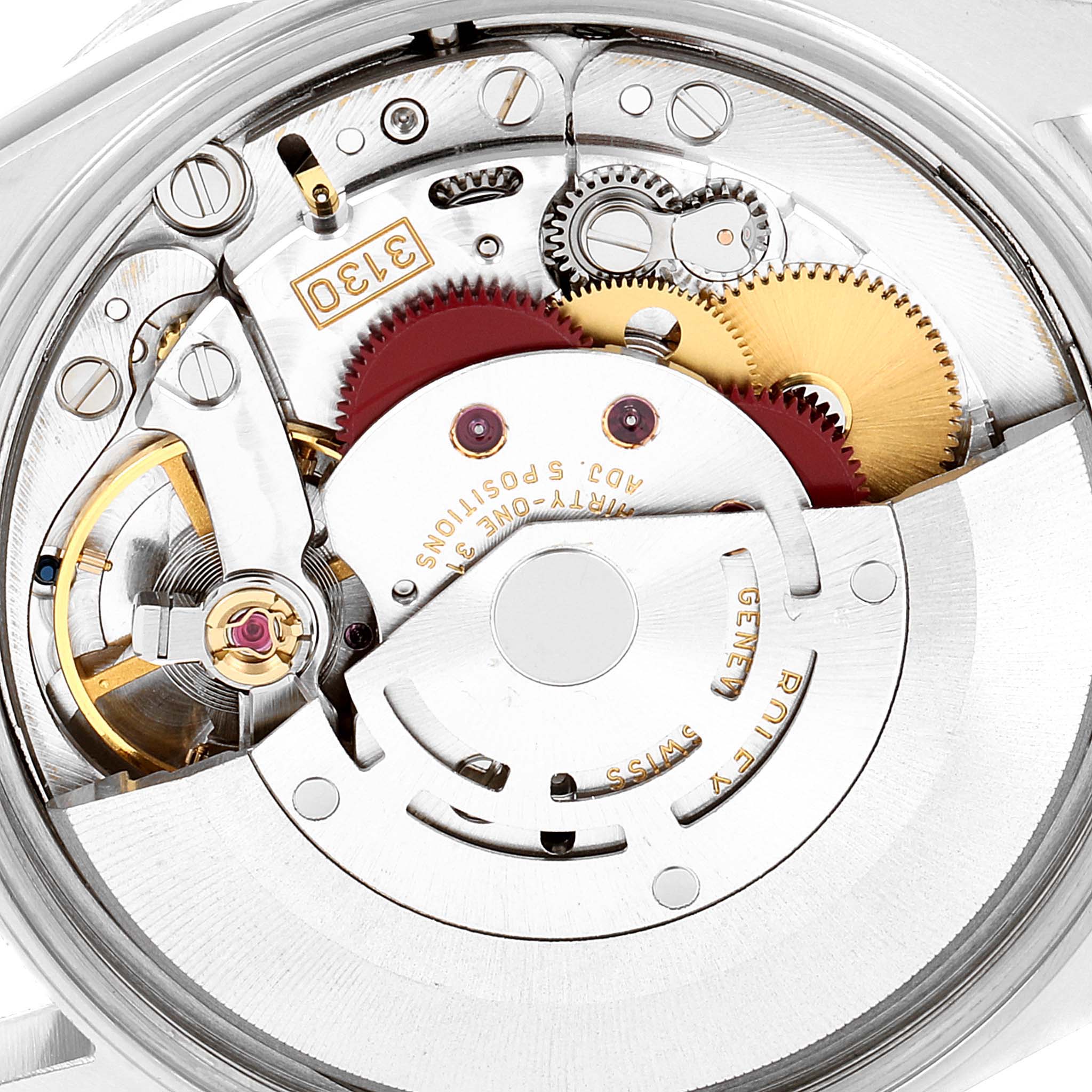This is a close-up view of the movement mechanism inside a Rolex Air-King 14010 Men's Stainless Steel Silver Dial 14010 Men's Stainless Steel Silver Dial watch, showing gears and internal components.