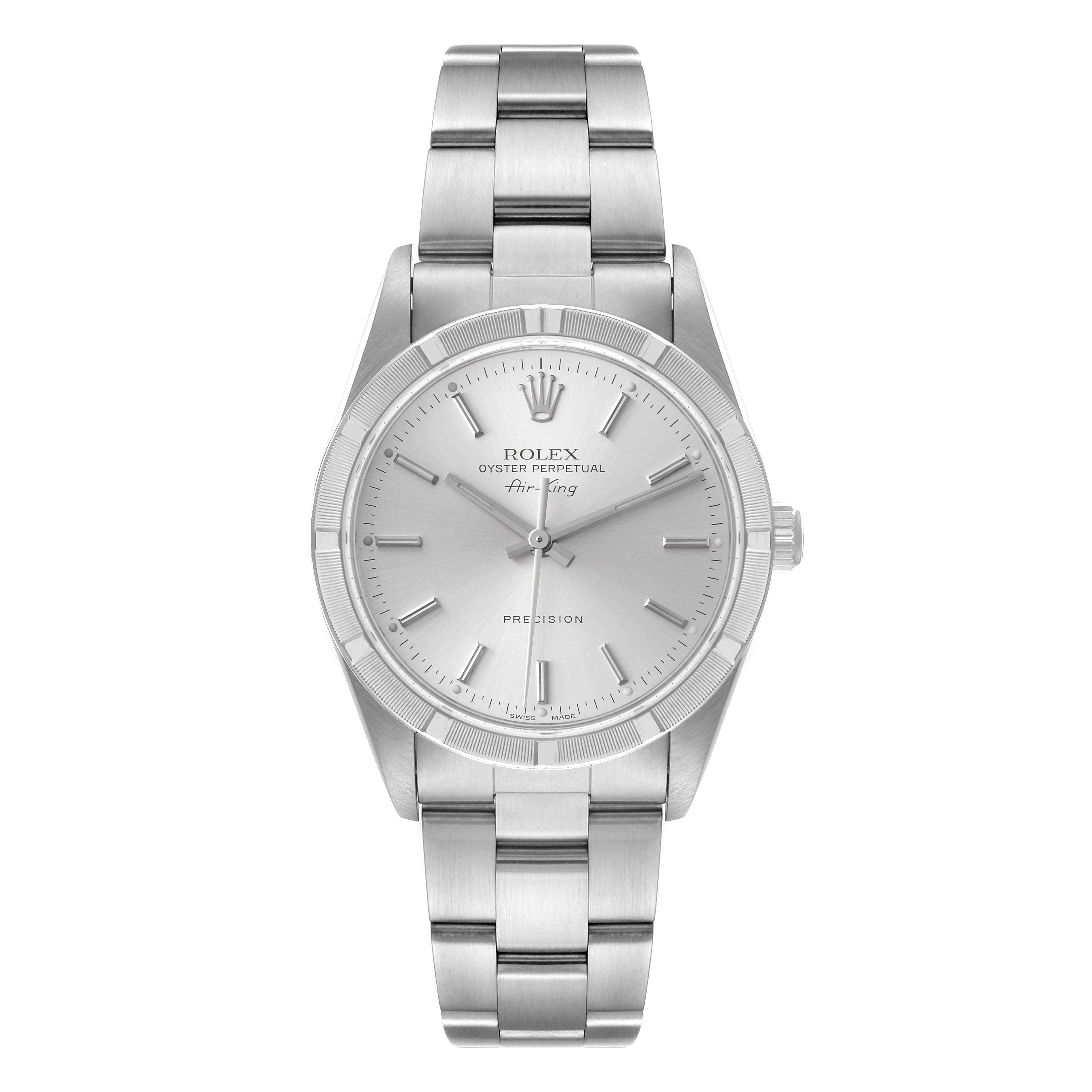The image shows a front view of the Rolex Air-King 14010 Men's Stainless Steel Silver Dial 14010 Men's Stainless Steel Silver Dial watch, displaying its dial, bezel, and bracelet.