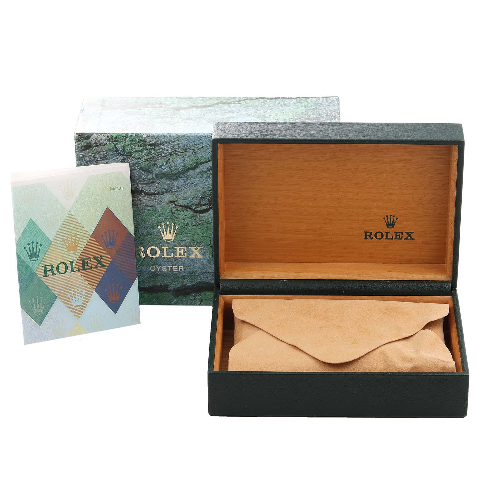 This image shows the packaging of a Rolex Air-King 14010 Men's Stainless Steel Silver Dial 14010 Men's Stainless Steel Silver Dial, including an open box, a covered watch case, and an accompanying booklet.