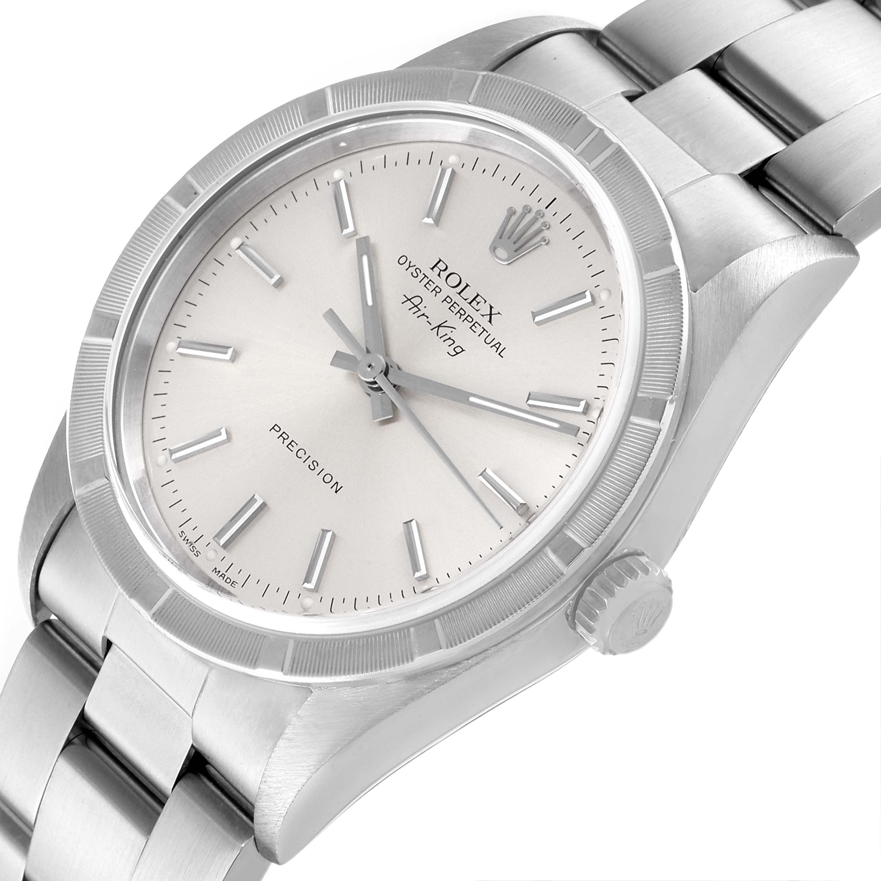 The Rolex Air-King 14010 Men's Stainless Steel Silver Dial 14010 Men's Stainless Steel Silver Dial watch is shown at an angle displaying the face, bezel, and part of the bracelet.