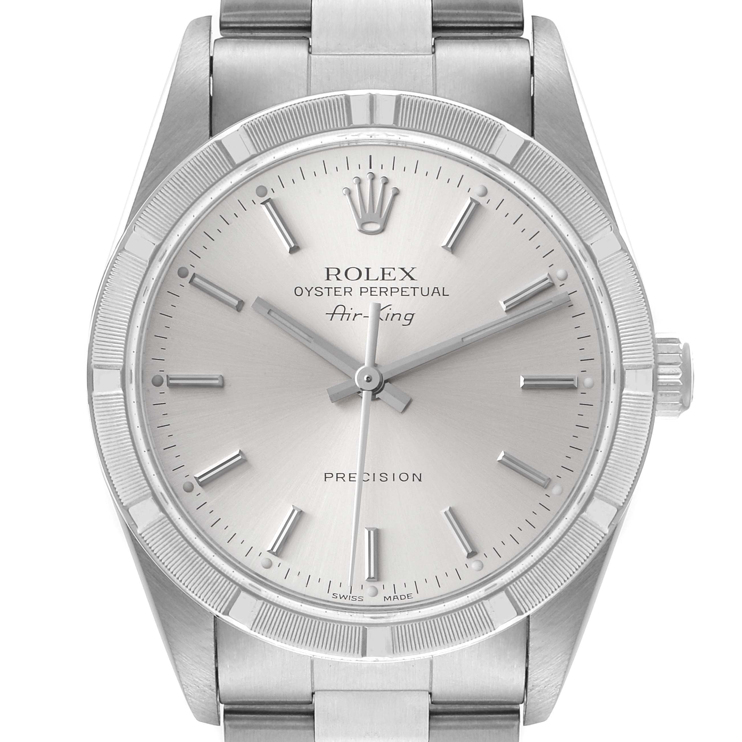 The image shows a front view of a Rolex Air-King 14010 Men's Stainless Steel Silver Dial 14010 Men's Stainless Steel Silver Dial watch, displaying its dial, bezel, hands, crown, and part of the metal bracelet.