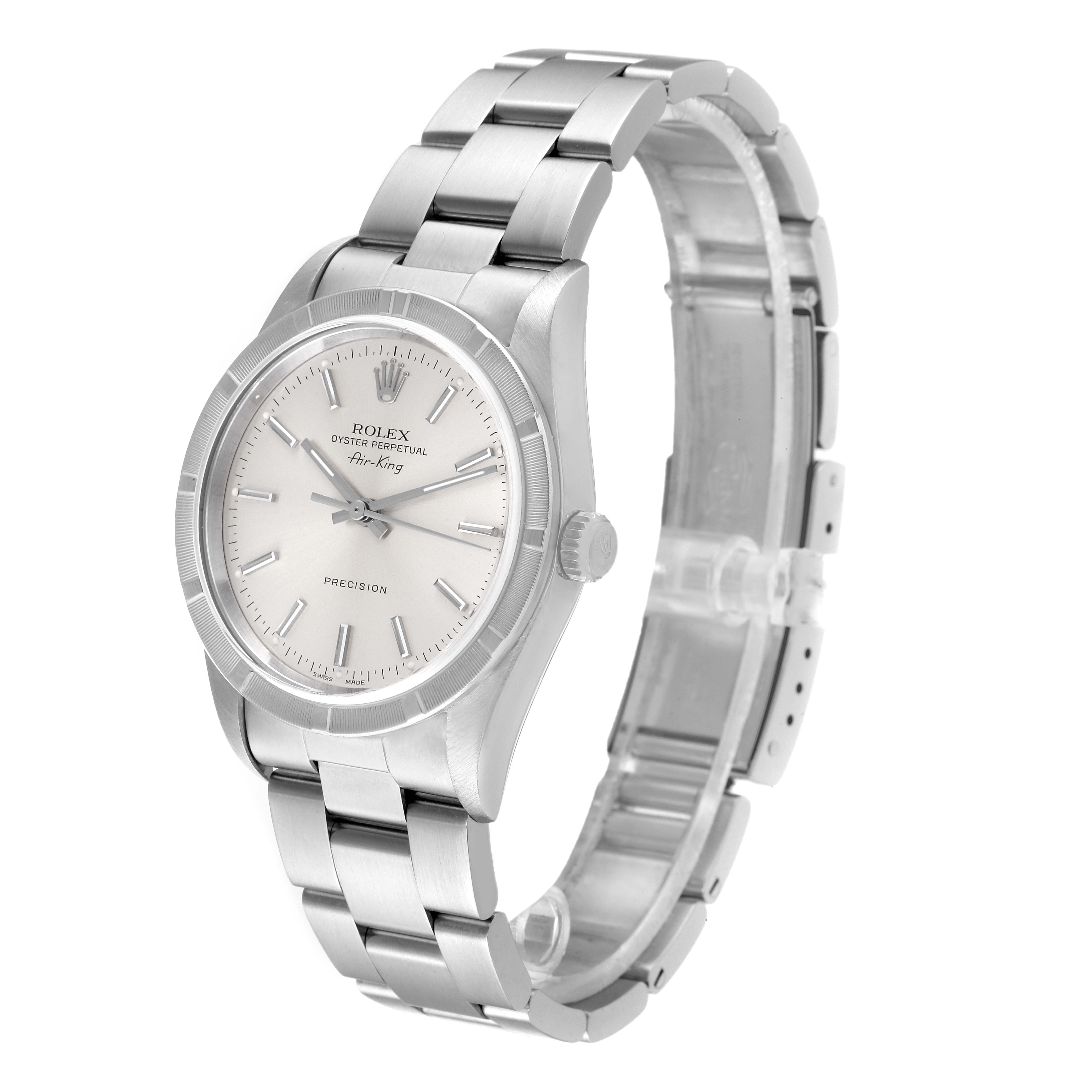 The Rolex Air-King 14010 Men's Stainless Steel Silver Dial 14010 Men's Stainless Steel Silver Dial watch is shown at an angle, displaying the face, bezel, crown, and stainless steel bracelet.
