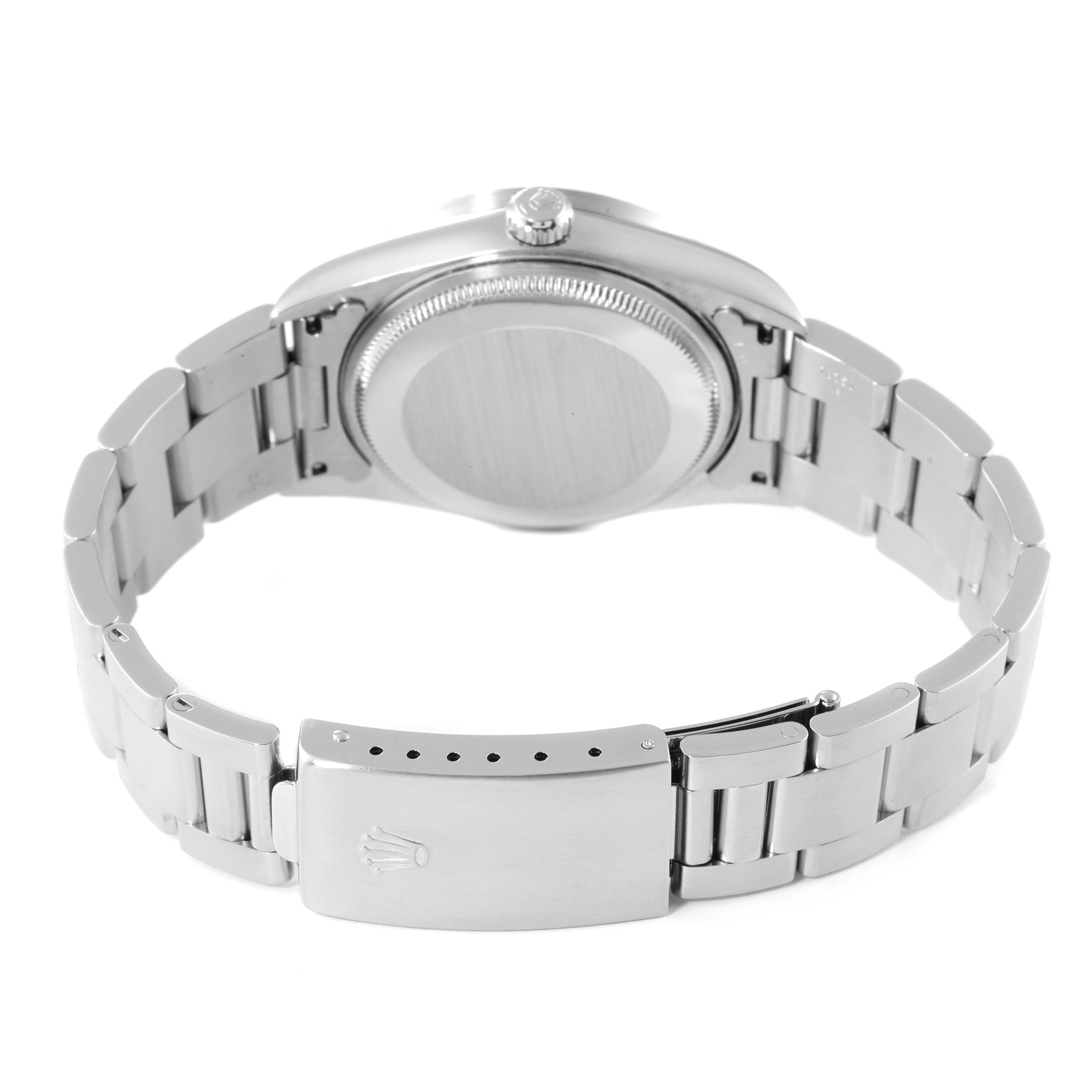 This image shows the back view of a Rolex Air-King 14010 Men's Stainless Steel Silver Dial 14010 Men's Stainless Steel Silver Dial watch, highlighting the stainless steel case, bracelet, and clasp.