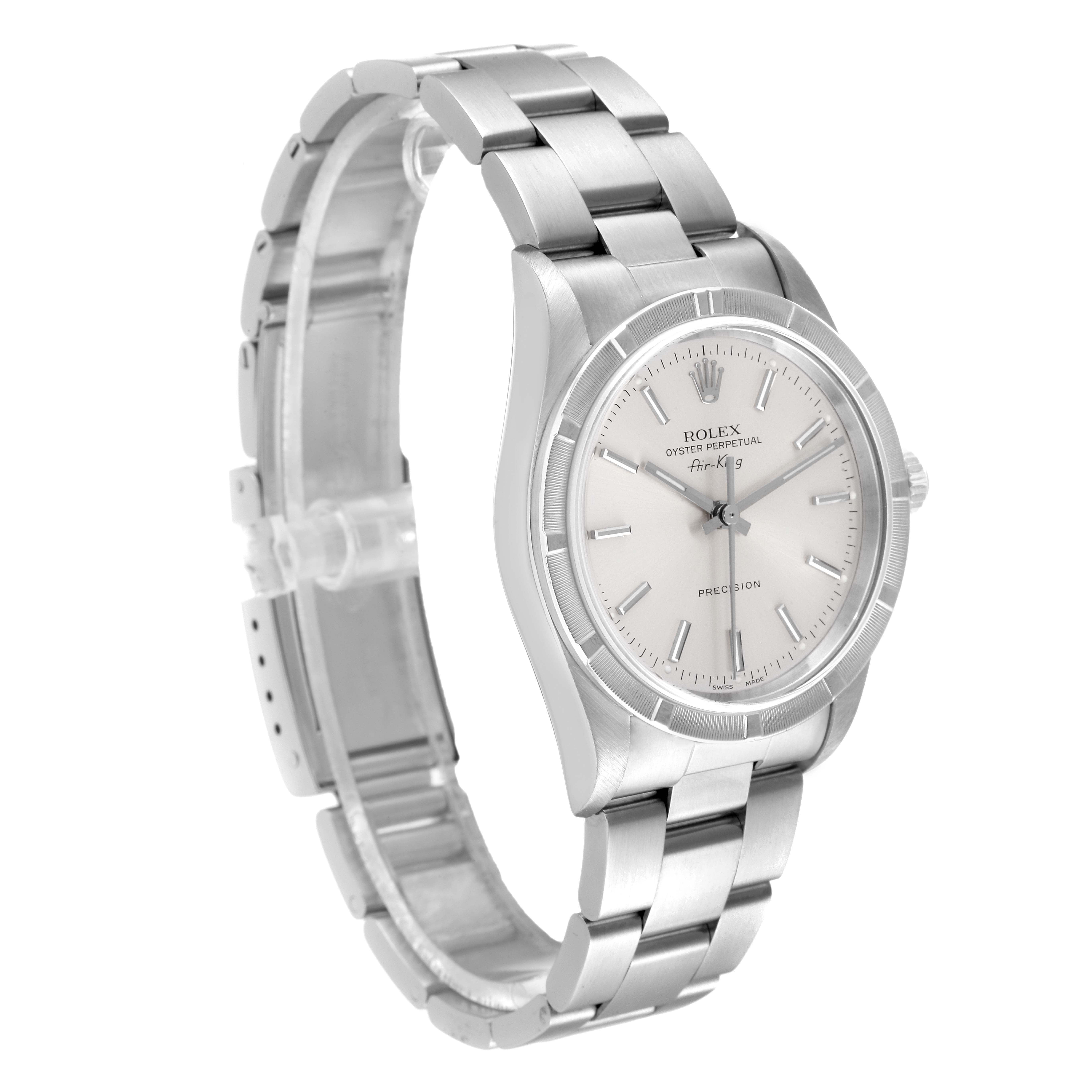 The Rolex Air-King 14010 Men's Stainless Steel Silver Dial 14010 Men's Stainless Steel Silver Dial watch is shown at a three-quarter angle, displaying its face, bracelet, and partially open clasp.