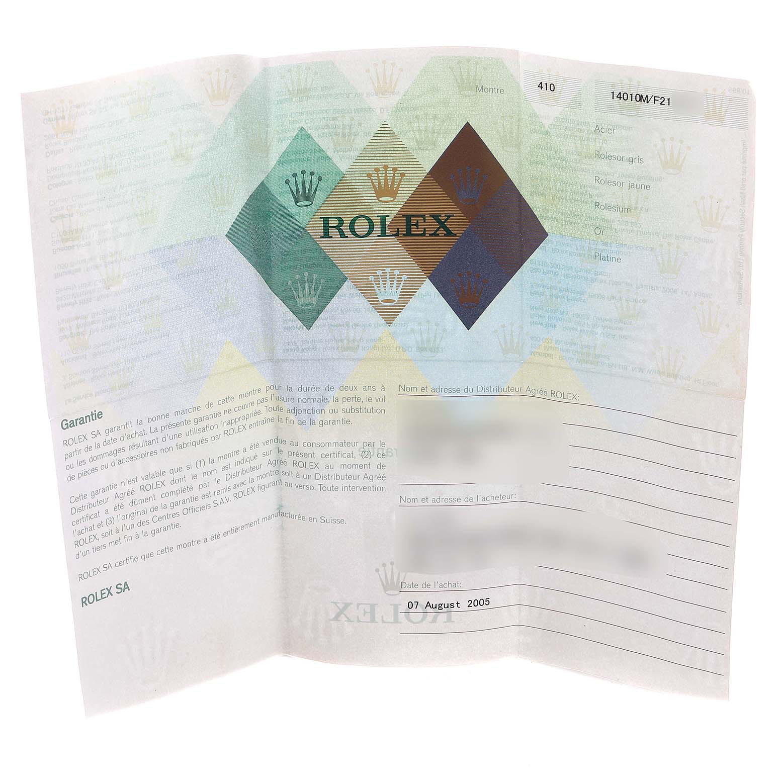 The image shows a warranty certificate for the Rolex Air-King 14010 Men's Stainless Steel Silver Dial 14010 Men's Stainless Steel Silver Dial model.