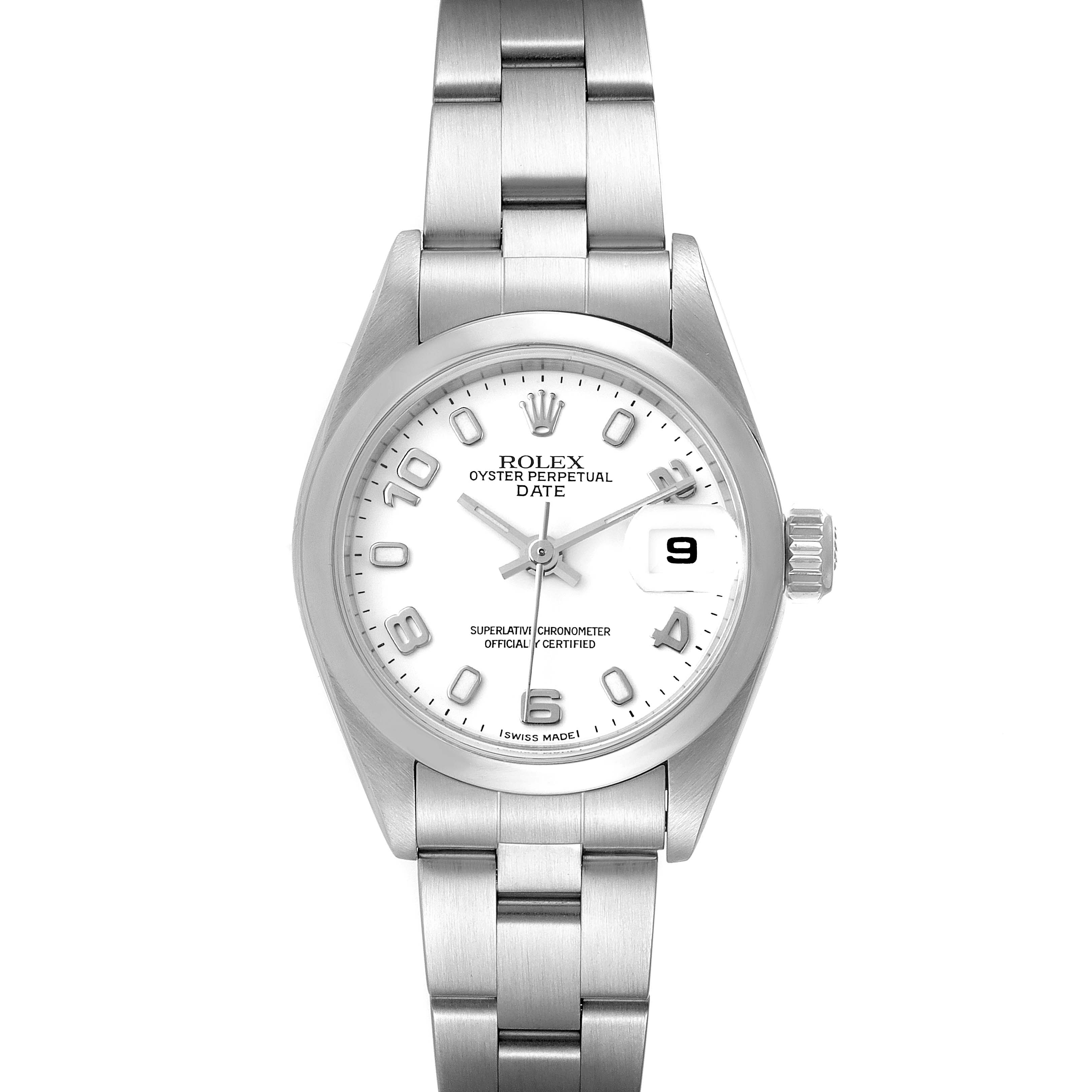 The image shows a Rolex Date 79160 Women's Stainless Steel White Dial 79160 Women's Stainless Steel White Dial model watch from a front view, displaying the dial, hands, crown, and bracelet.