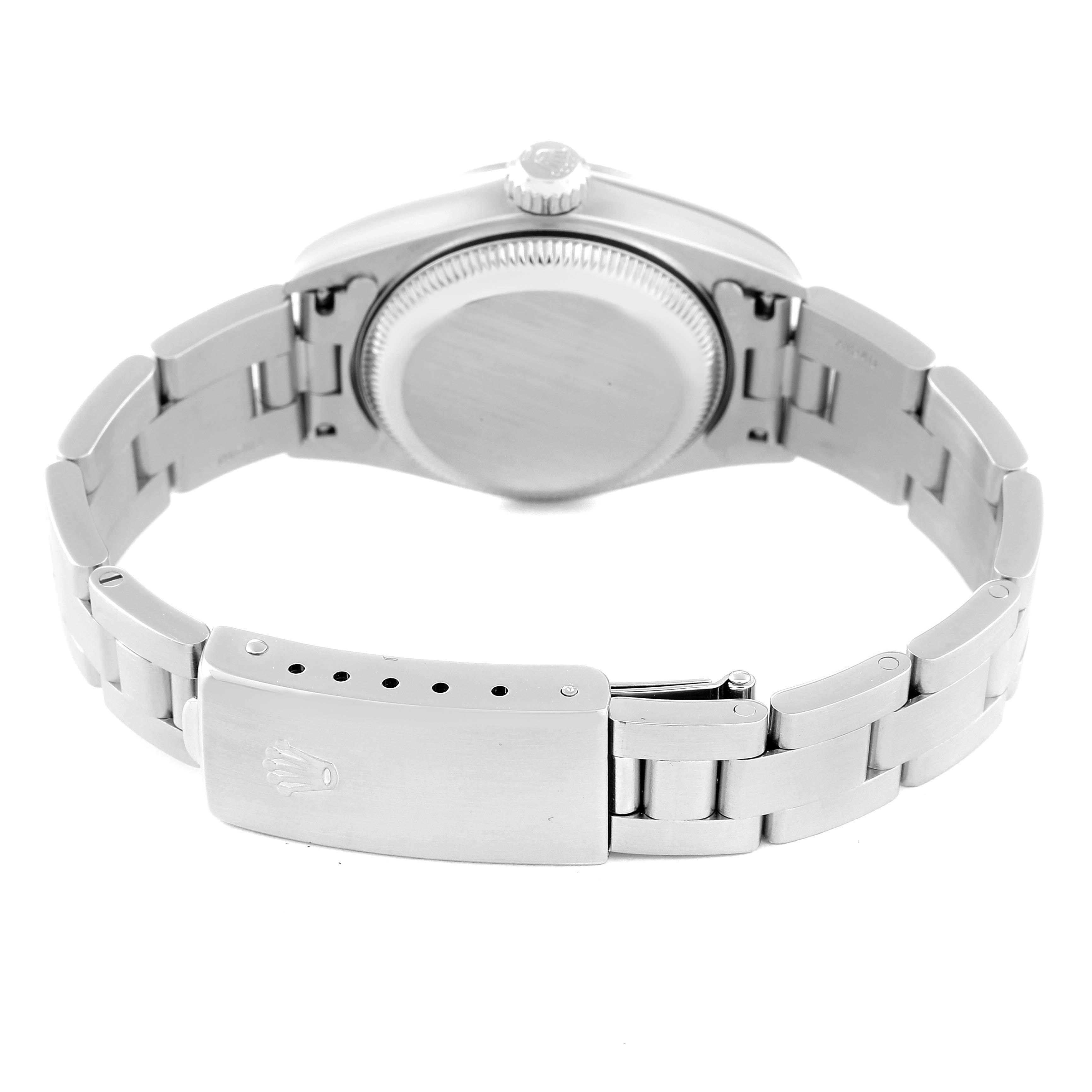 The image shows the back and bracelet clasp of a Rolex Datejust 79160 Women's Stainless Steel Black Dial 79160 Women's Stainless Steel Black Dial watch from a rear angle.