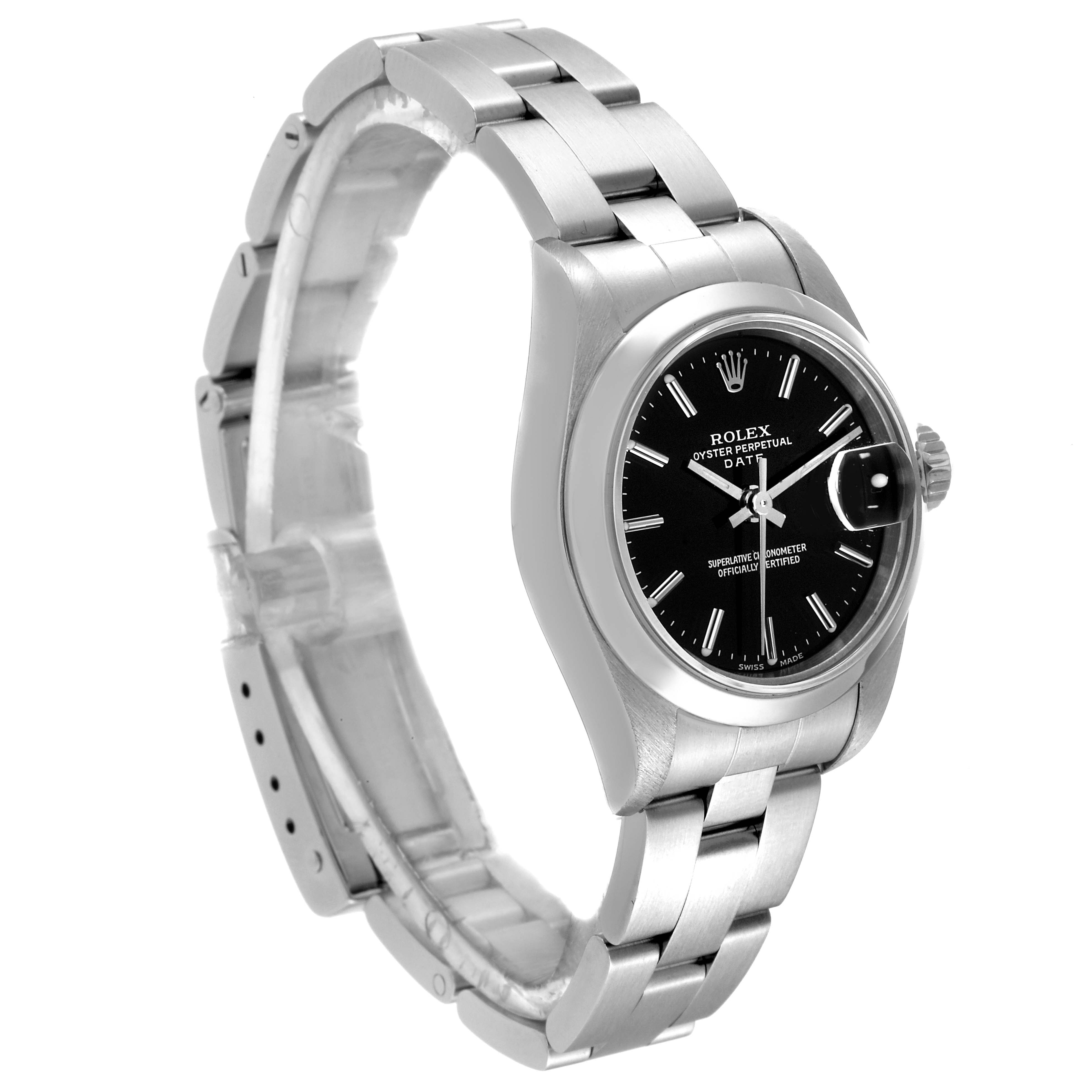 The image shows a Rolex Datejust 79160 Women's Stainless Steel Black Dial 79160 Women's Stainless Steel Black Dial watch from a left angle, highlighting the bracelet, case, and black dial.