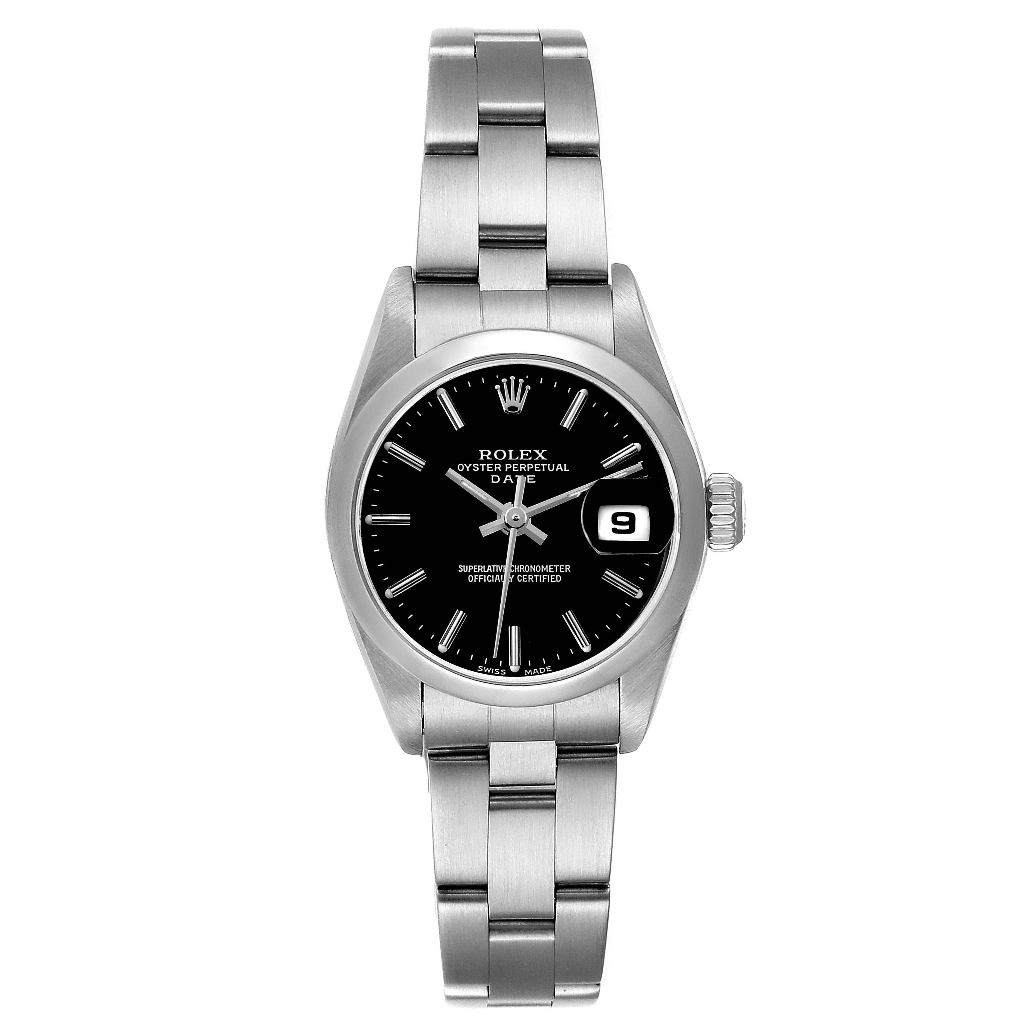 This image shows a front view of a Rolex Datejust 79160 Women's Stainless Steel Black Dial 79160 Women's Stainless Steel Black Dial watch displaying its bracelet, dial, and date window.