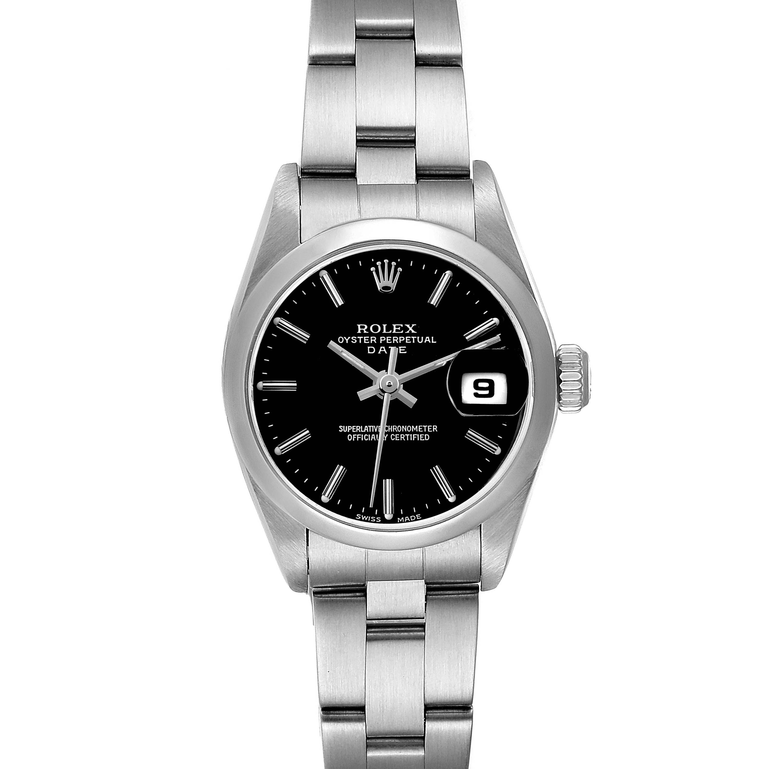 The image shows a front view of a Rolex Datejust 79160 Women's Stainless Steel Black Dial 79160 Women's Stainless Steel Black Dial watch, highlighting the black dial, date window, and stainless steel bracelet.