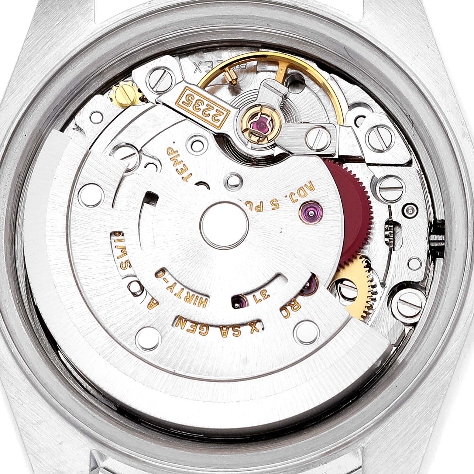 This is an inside view of the Rolex Datejust 79160 Women's Stainless Steel Black Dial 79160 Women's Stainless Steel Black Dial watch, showing its intricate movement and components.