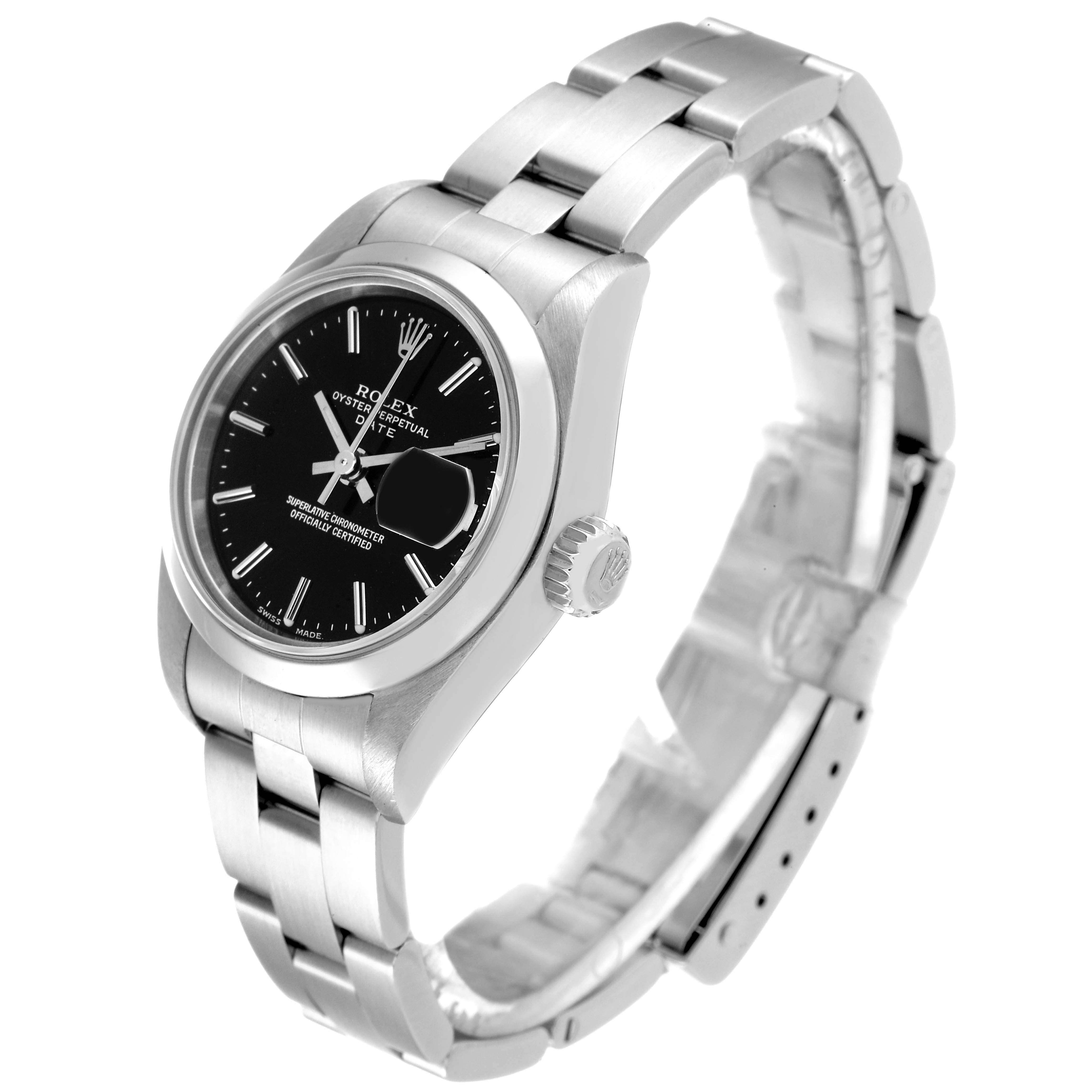 The Rolex Datejust 79160 Women's Stainless Steel Black Dial 79160 Women's Stainless Steel Black Dial watch is shown at an angle highlighting the black dial, wristband, and crown.