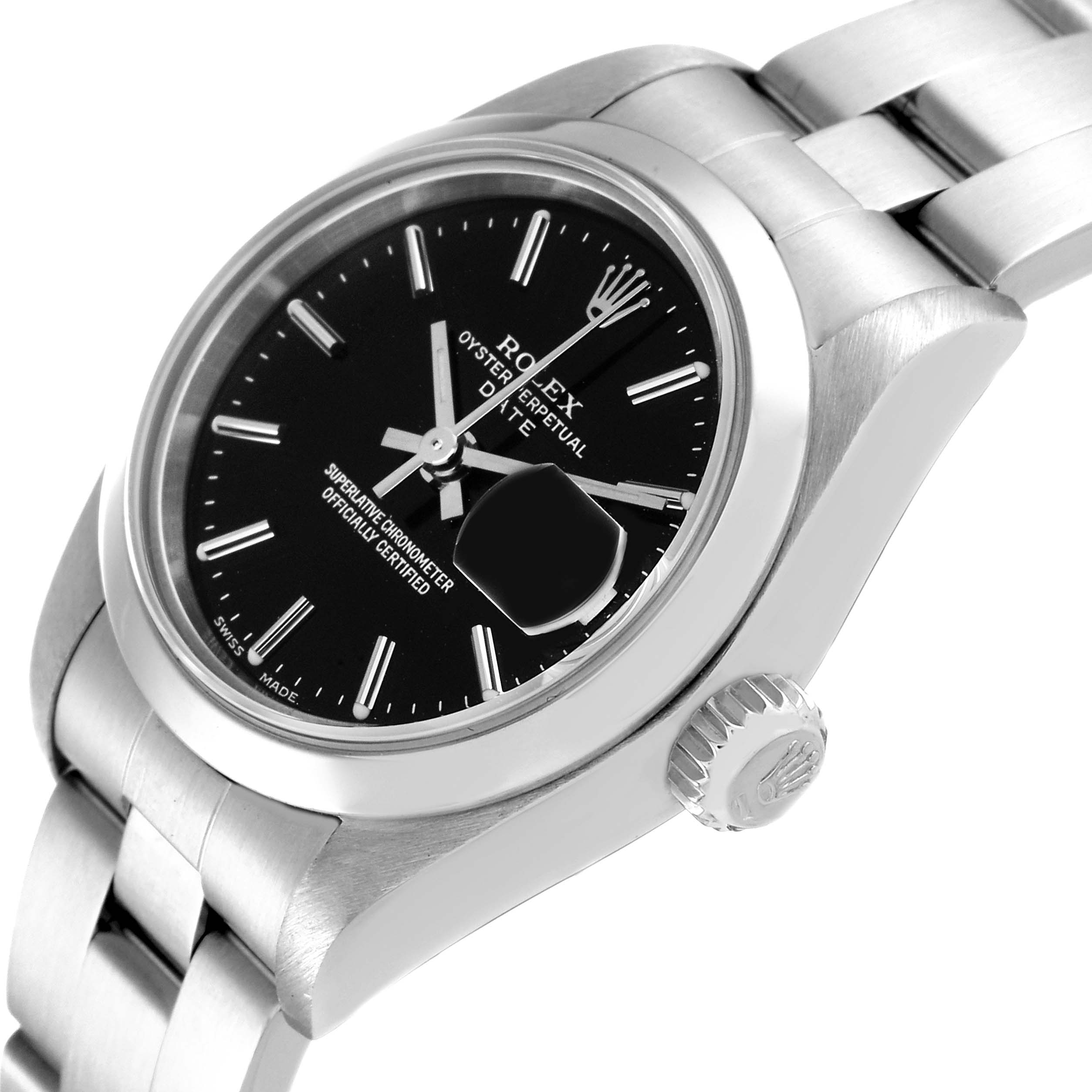 The image shows a close-up angle of a Rolex Datejust 79160 Women's Stainless Steel Black Dial 79160 Women's Stainless Steel Black Dial watch, highlighting the dial, crown, and part of the bracelet.