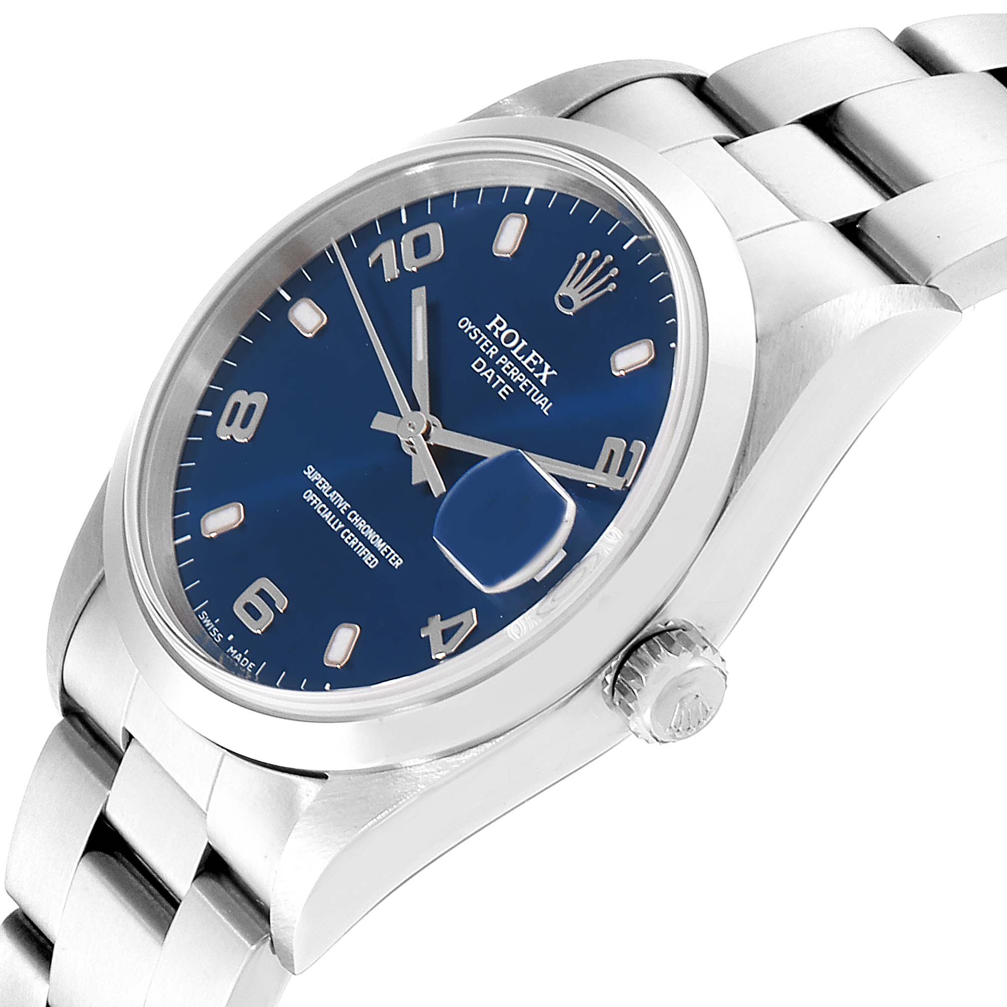 The image shows a side angle of a Rolex Date 15200 Men's Stainless Steel Blue Dial 15200 Men's Stainless Steel Blue Dial watch, highlighting its blue dial, bezel, crown, and part of the bracelet.