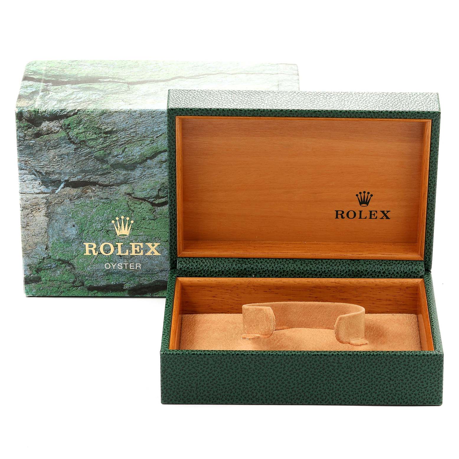 This image shows an open Rolex Date 15200 Men's Stainless Steel Blue Dial 15200 Men's Stainless Steel Blue Dial model watch box, including an outer cardboard box and an inner wooden box with a suede watch holder.