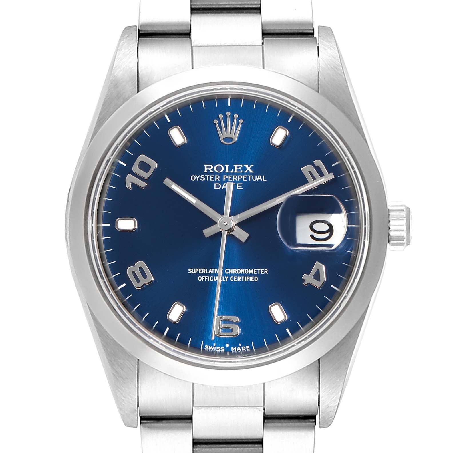 This image shows a frontal view of the Rolex Date 15200 Men's Stainless Steel Blue Dial 15200 Men's Stainless Steel Blue Dial model watch, highlighting its dial, bezel, and part of the bracelet.