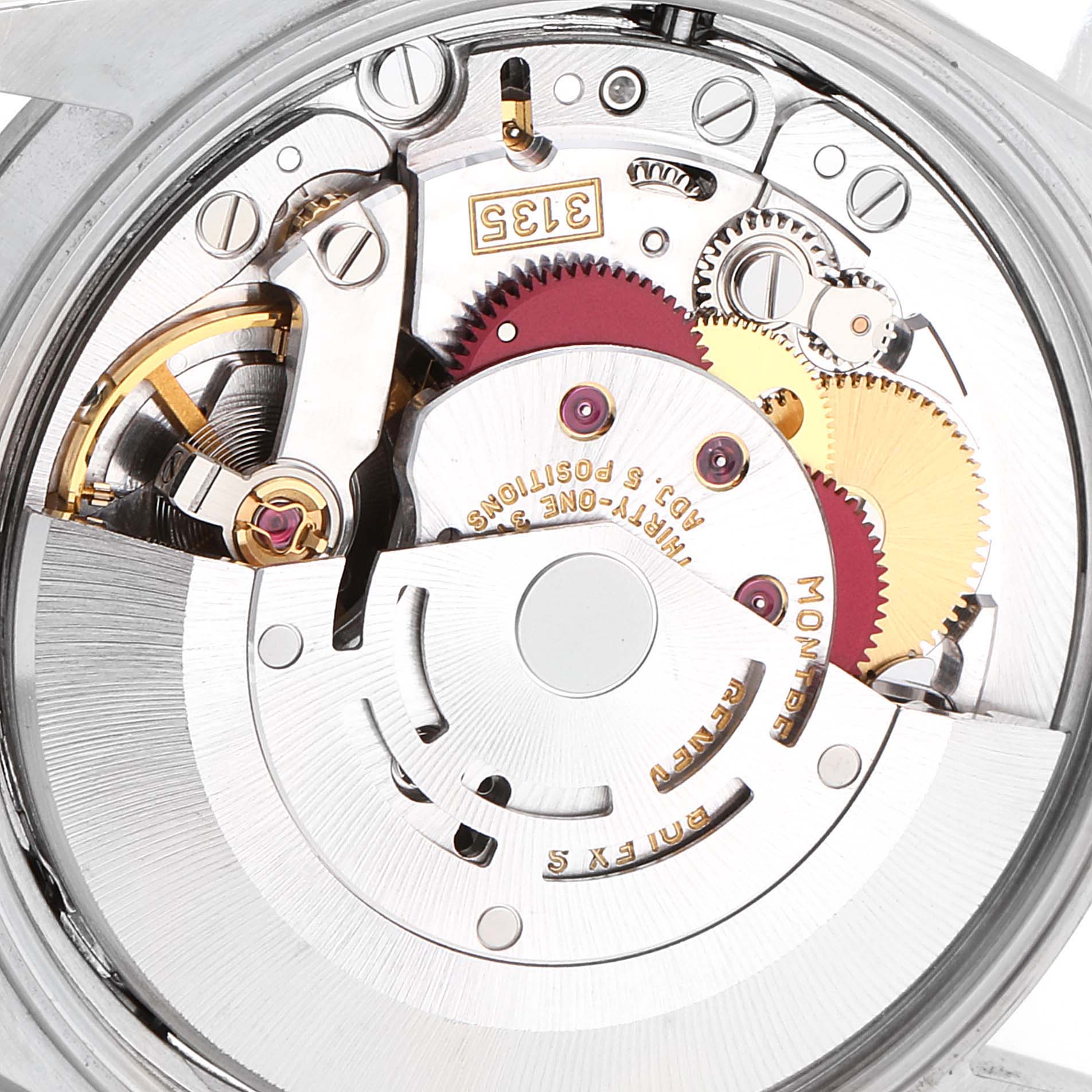 This image shows a close-up of the movement mechanism of a Rolex Date 15200 Men's Stainless Steel Blue Dial 15200 Men's Stainless Steel Blue Dial model watch, including gears and balance wheel.