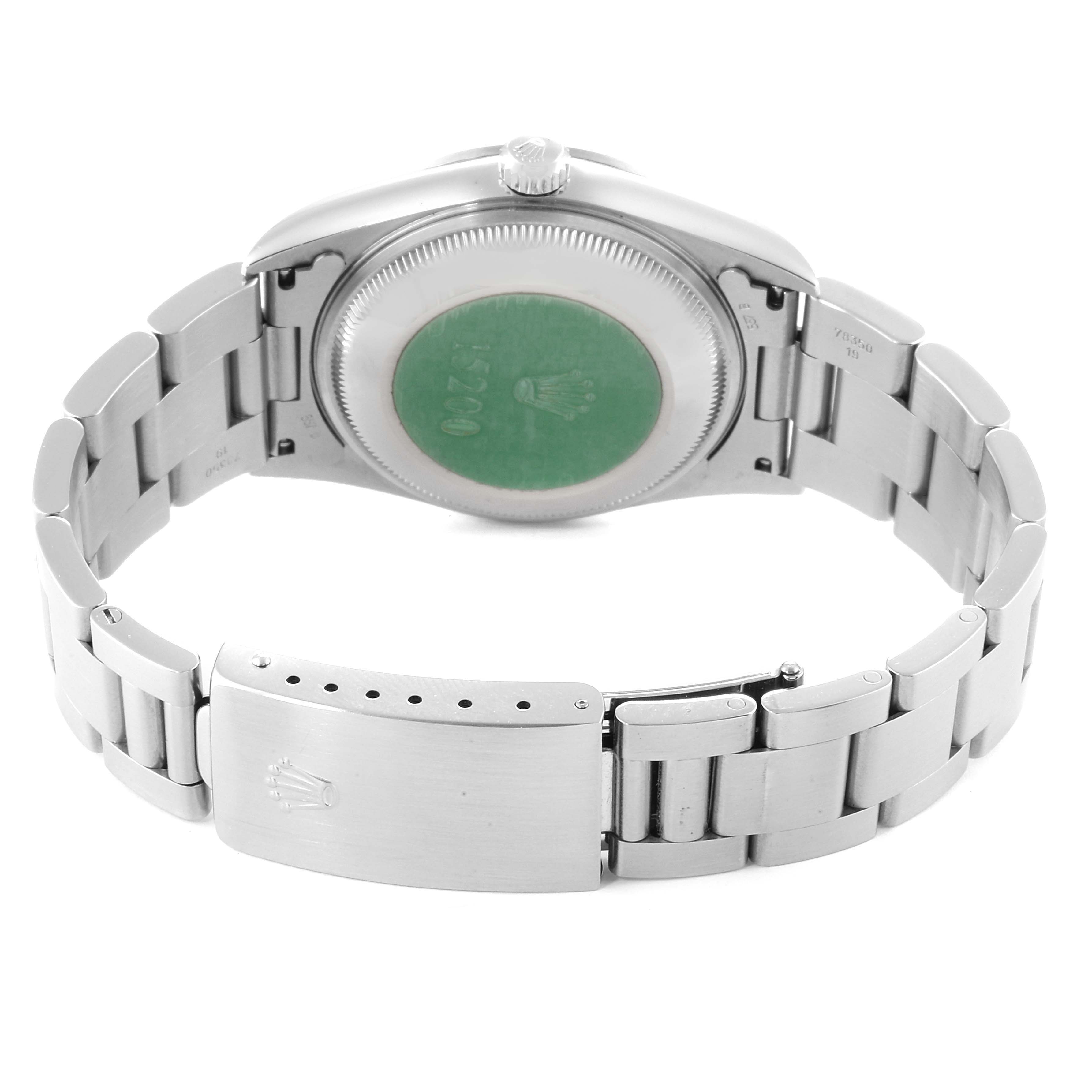 This image shows the back view of a Rolex Date 15200 Men's Stainless Steel Blue Dial 15200 Men's Stainless Steel Blue Dial model watch, highlighting the case back and bracelet.