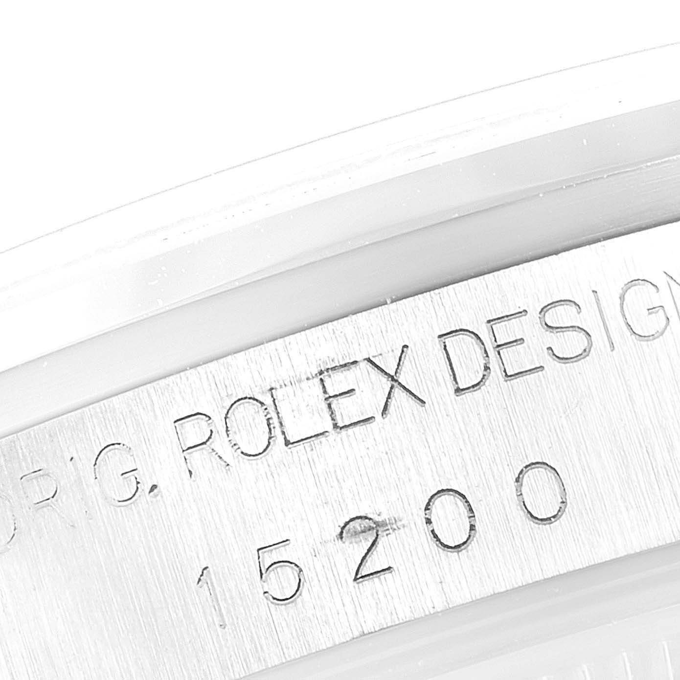 The image shows a close-up of the side of a Rolex Date 15200 Men's Stainless Steel Blue Dial 15200 Men's Stainless Steel Blue Dial model watch case, highlighting the engraved reference number 15200.