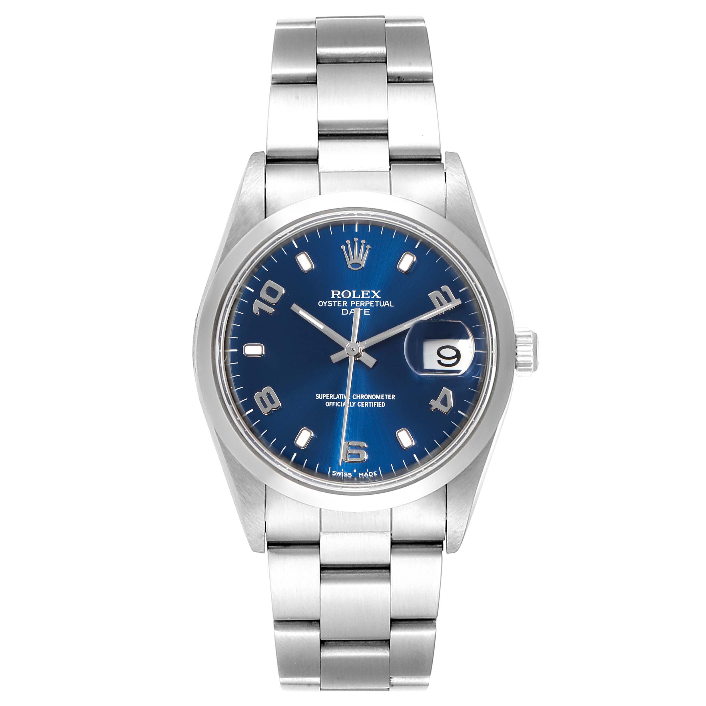 The image shows a frontal view of the Rolex Date 15200 Men's Stainless Steel Blue Dial 15200 Men's Stainless Steel Blue Dial model watch, featuring its blue dial, date window, and stainless steel bracelet.