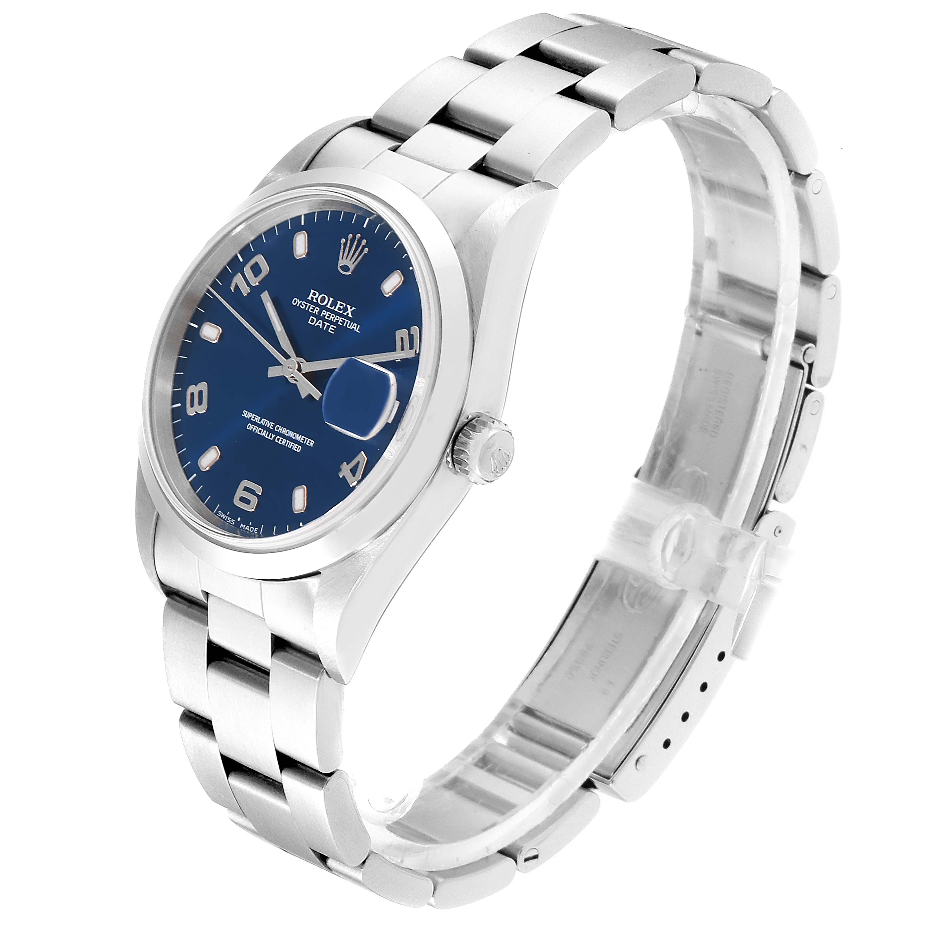 The image shows a side-angle view of a Rolex Date 15200 Men's Stainless Steel Blue Dial 15200 Men's Stainless Steel Blue Dial model watch, highlighting its bracelet, crown, and dial.