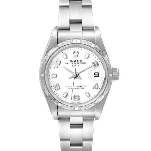 The Rolex Date 79190 Women's Stainless Steel White Dial watch is shown from a front angle, displaying the dial, bezel, and stainless steel bracelet.