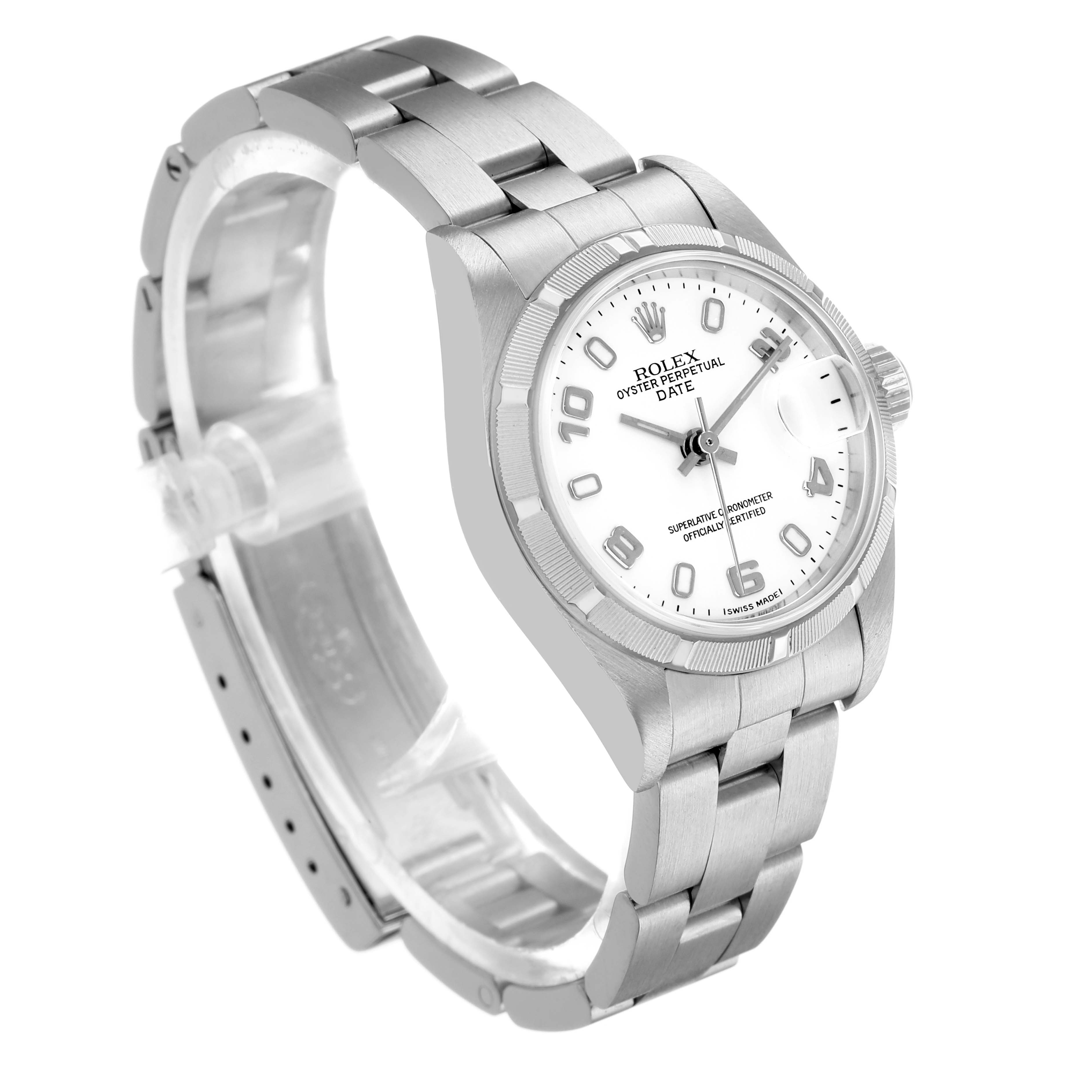 The image shows a Rolex Date 79190 Women's Stainless Steel White Dial model from a three-quarter angle, displaying the face, bezel, case, band, and clasp.