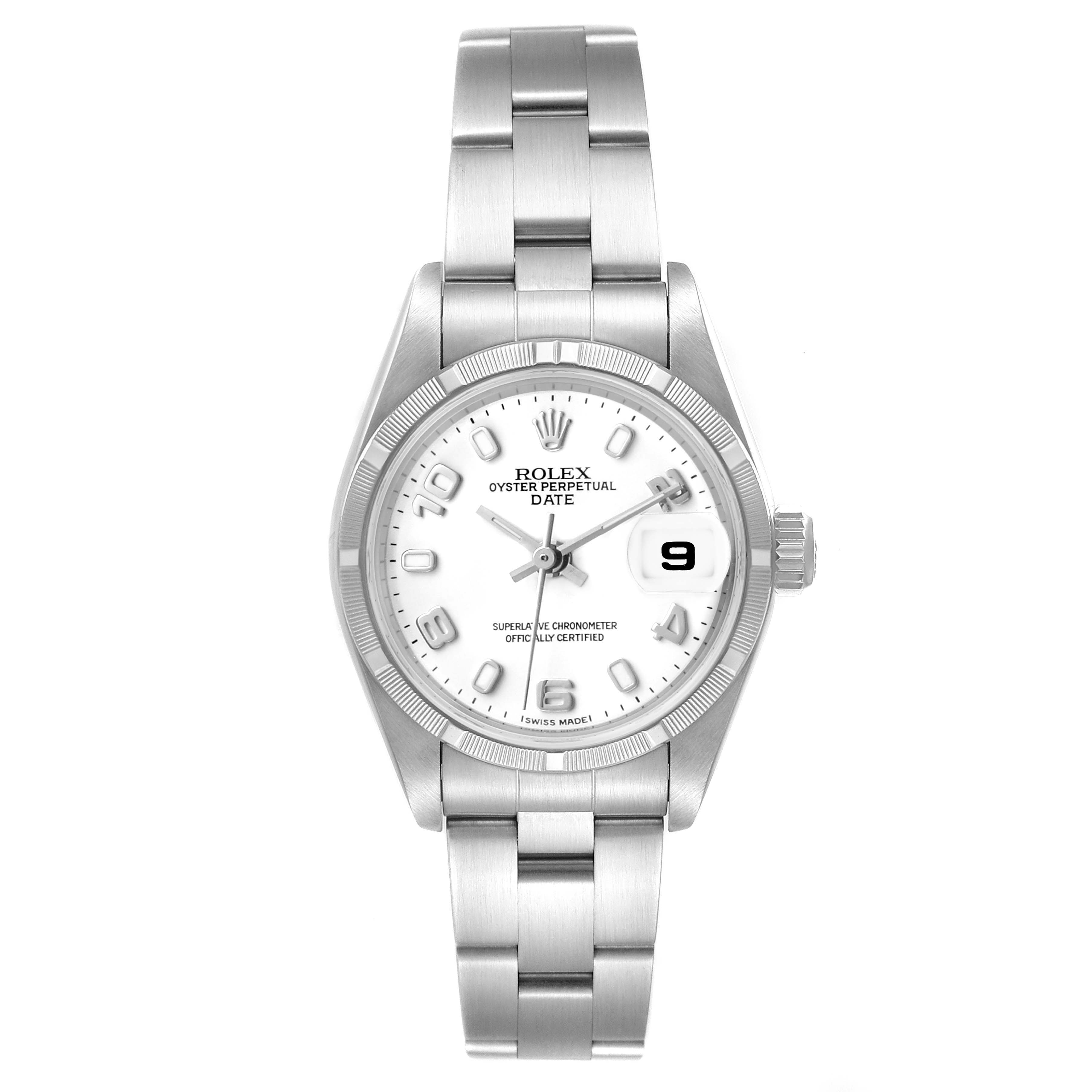 The Rolex Date 79190 Women's Stainless Steel White Dial model watch is shown from the front, displaying the face, bezel, bracelet, and crown.