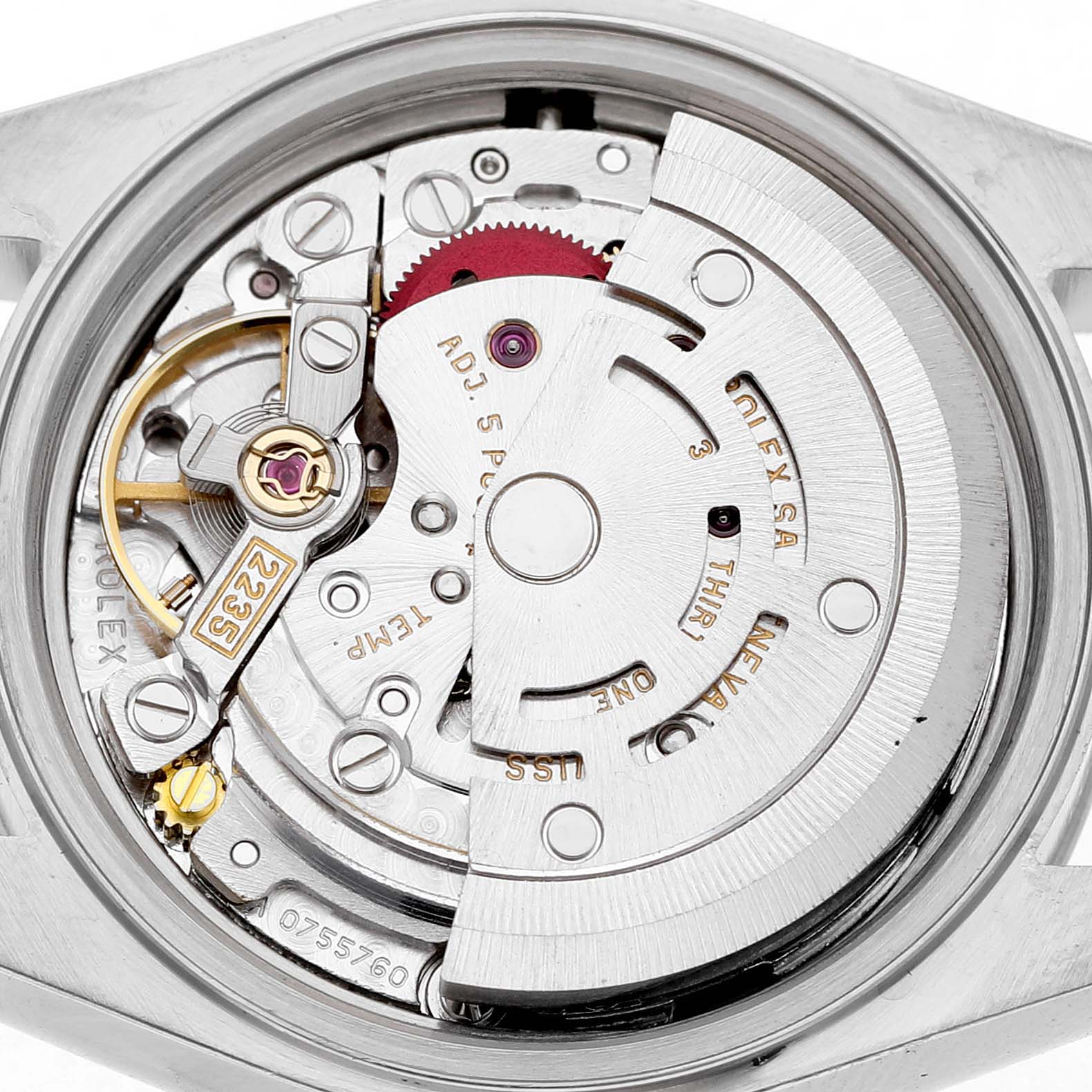 The image shows the internal movement of a Rolex Date 79190 Women's Stainless Steel White Dial model watch from a top-down angle, highlighting gears and the rotor.