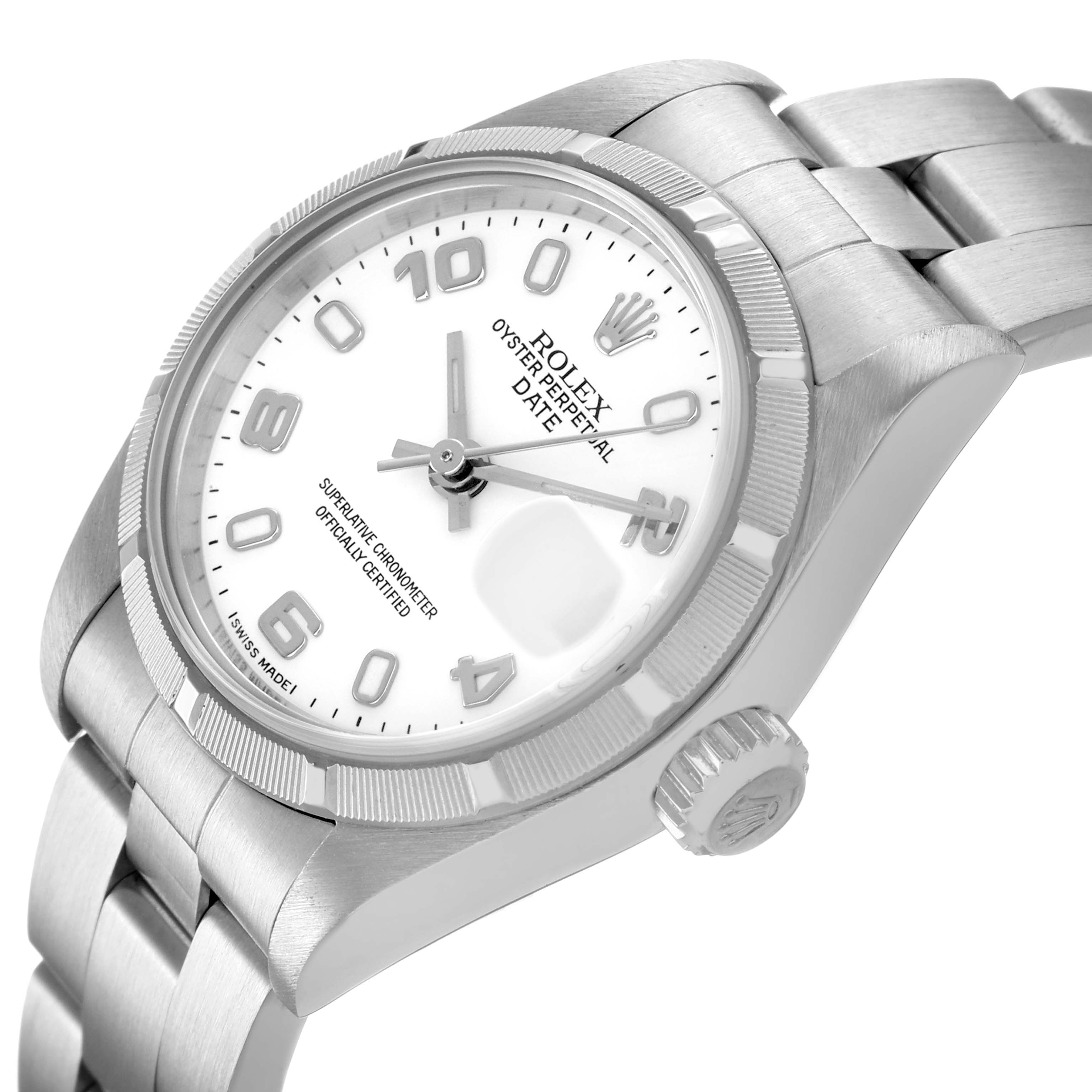 The image shows a side angle of a Rolex Date 79190 Women's Stainless Steel White Dial watch, highlighting the dial, bezel, crown, and bracelet.